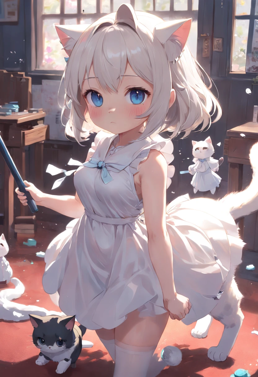 Anime cat-eared girl in white dress, Vacuuming,loli in dress,Sleeveless, small curvy loli, artwork in the style of guweiz, guweiz on pixiv artstation, guweiz on artstation pixiv, guweiz, small loli girl, soft anime illustration, Anime visuals of cute girls, Detailed Digital Anime Art
