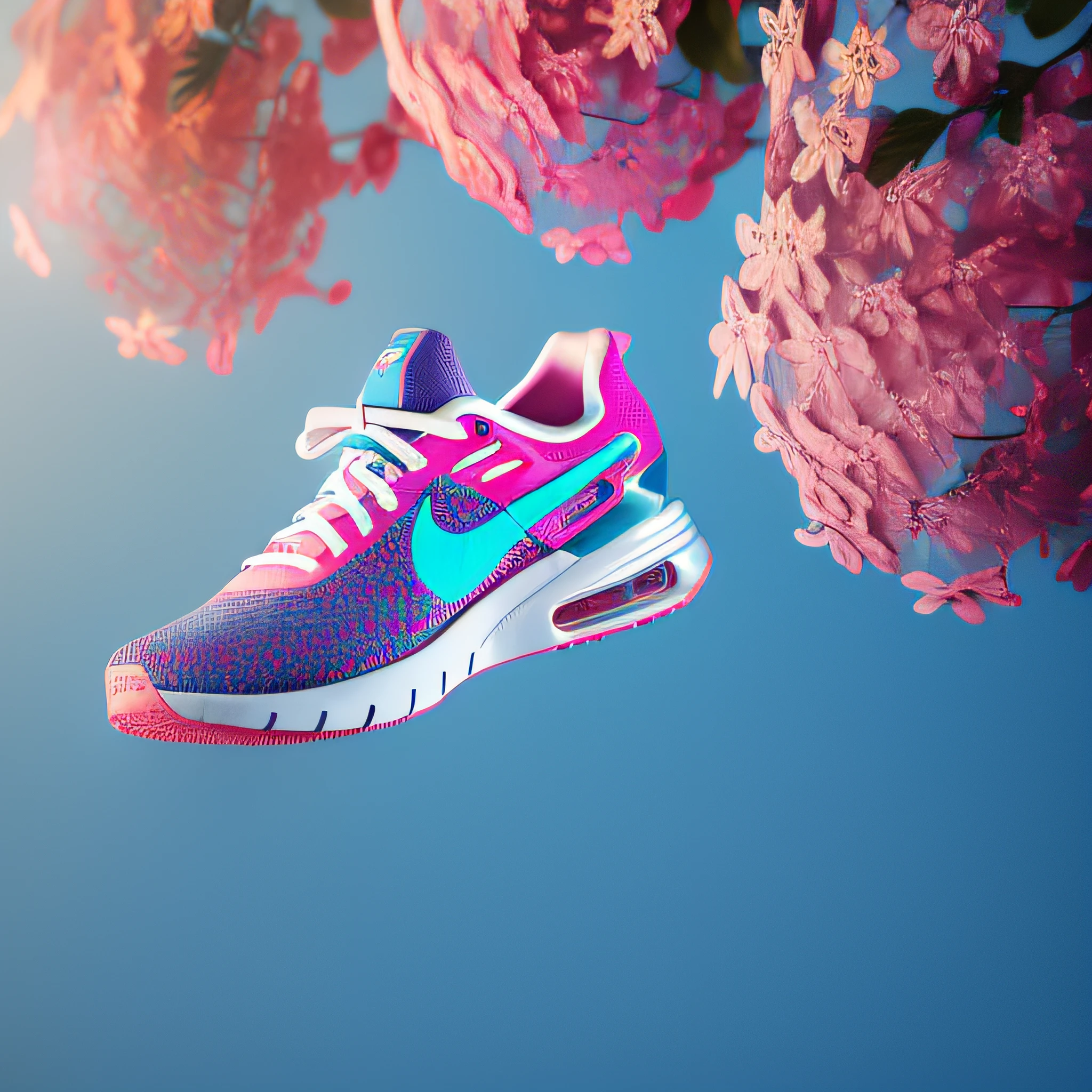 masterpiece,best quality,ultra high res, 8k uhd, dslr, high quality,(photorealistic:1.4), cinematic lighting, HDR,a Nike shoe floats in the air,encased in flowers
,motion design,C4D,rendering,light and shadow