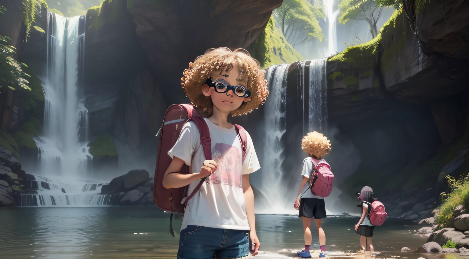 A forest full of flowers, a waterfall, 3 children; an 8--old , with a mischievous and vivacious face, rust-colored curly hair, light shorts, beige shirt, sneakers, backpack. An 8-year-olrl, bde with curly hair, cheerful expression, with pink shorts, white T-shirt, sneakers and pink backpack. An 8-year-old boy, k, futyle, intelligent, black hair, wearing glasses, gray jeans shorts, colored T-shirt, sneakers and backpack, pointing to the waterfall. Anime artwork.—16.9.
