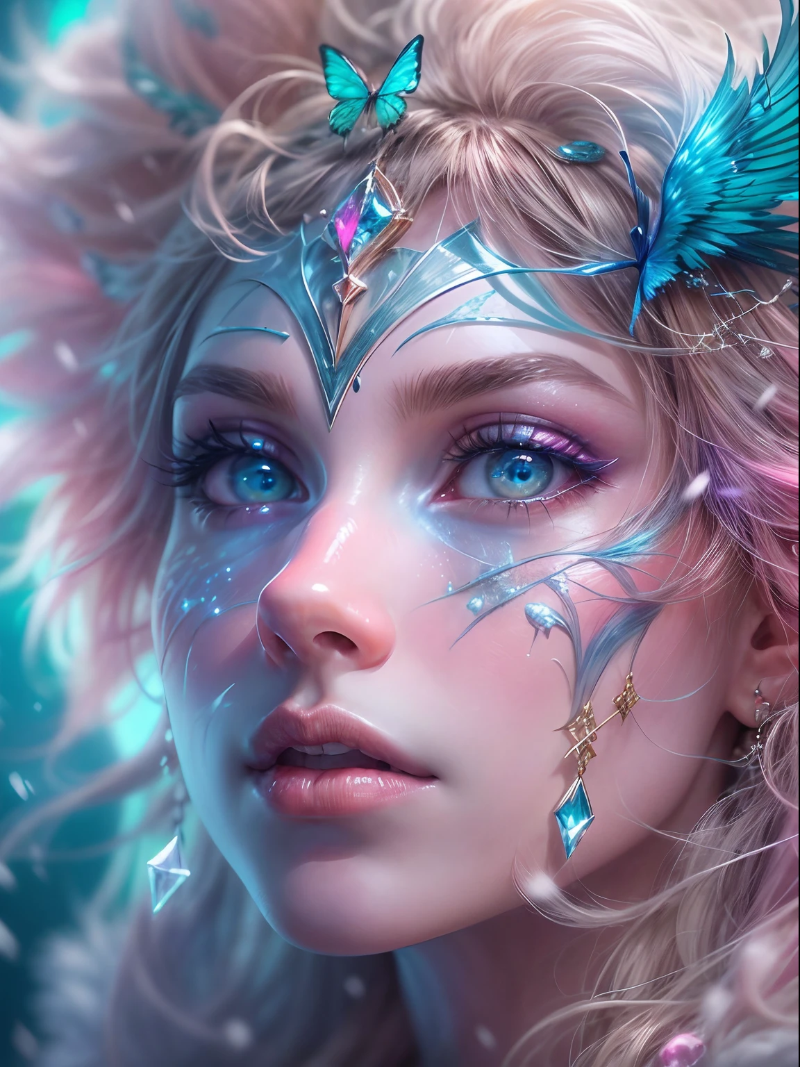 Generate a pretty and realistic fantasy artwork with bold jewel-toned ((((pink and blue)))) hues, pretty glitter and shimmer, and lots of snowflakes. Generate a luminous and petite woman with curly hair, metallic hair, and realistically textured hair. Her skin is pure white and seems to glow in the light. The woman's face is important: include ((soft, puffy, big lips, elegant features, and the most beautiful detailed macro eyes)) in the world. The woman is in a winter landscape with soft falling snow and snowflakes, soft white fur, subtle iridescent details, subtle phantasmal iridescent details, and intricate and delicate jewelry that glimmers in the light. Include many small fantasy details like gossamer silk, feathers, delicate and stunning embroidery, and luminous lighting that glimmers. The woman's face is unobscured by details and her eyes are sharp and in high resolution. Incorporate dreamy colors, dynamic lighting, and detailed background elements to create a sense of awe and immersion. Include colorful flying magical birds and jewel-toned butterflies radiating a magical aura. Consider the latest trends in fantasy art, such as incorporating unique lighting effects, exploring dynamic and compelling composition techniques, and experimenting with unique color palettes. Take inspiration from the top artists on ArtStation and Midjourney. Camera: Choose an angle that highlights the character's beauty and enhances the magical majesty of the artwork. Lighting: Utilize atmospheric lighting techniques to create depth and mood. Resolution: Aim for a high-resolution artwork to showcase intricate details and clarity. Art Inspirations: Seek inspiration from the trending artists on ArtStation, exploring different styles, genres, and themes. white skin, pale skin, really pale skin, really white skin, beautiful eyes, fantasy details, shimmer, glimmer, magical birds, magical butterflies, ornate, (((masterpiece))), add_detail:1, earth \(planet\),