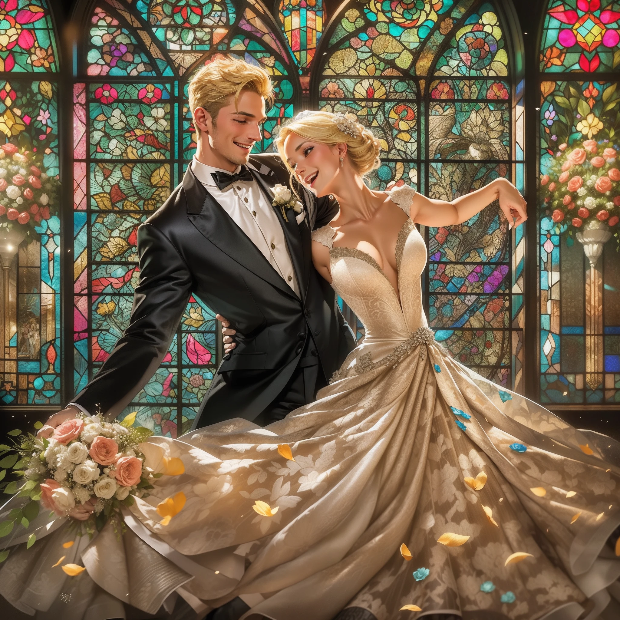(Best quality, masterpiece), (couple), (male in black brocade suit), dancing with (a beautiful blonde woman in wedding dress), smiling, relaxed, dancing pose, elegant, particles, wind, flowers, upper body, stained glass window, palace ballroom, opulent