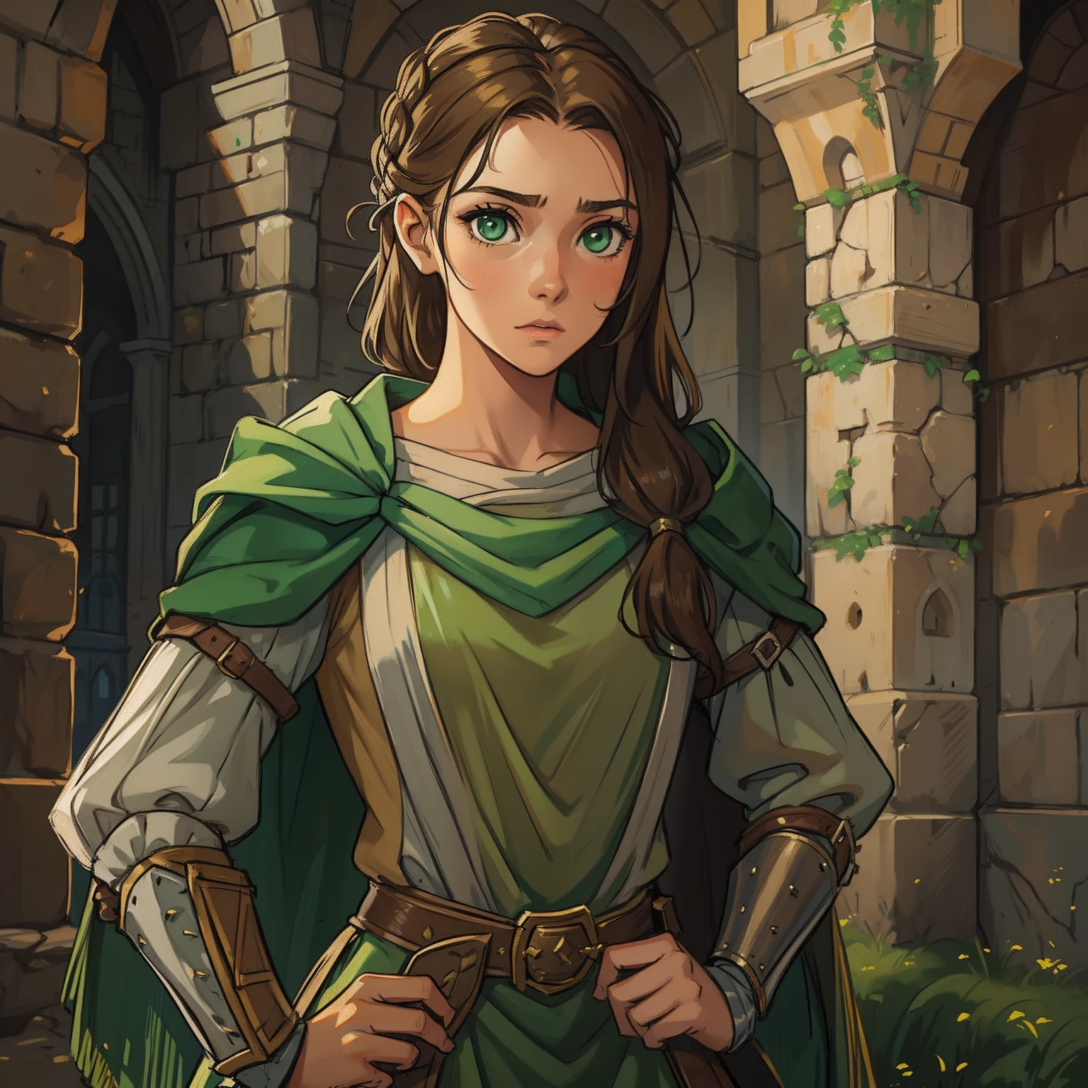 a portrait of a young teenage girl, an elegant princess with green eyes and brown hair, an NPC for a medieval RPG wearing combat costumes, costumes for medieval fighting training in a medieval art RPG art, a rough art in a medieval castle, this teenager is 15 years old and has a light one, she is kind, surrounded by life