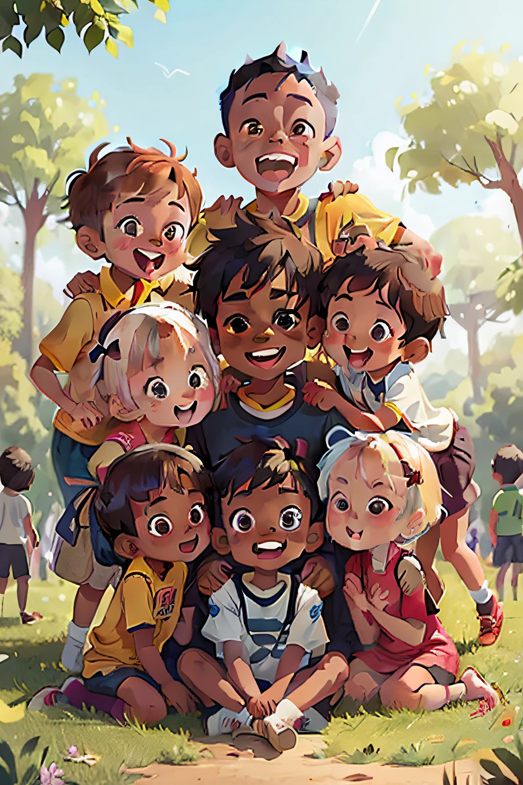 a group of 8-year-olds, diverse group, boys and girls, smiling in the park, all different, cute, an African boy, a dark boy, a Chinese girl, a blond boy