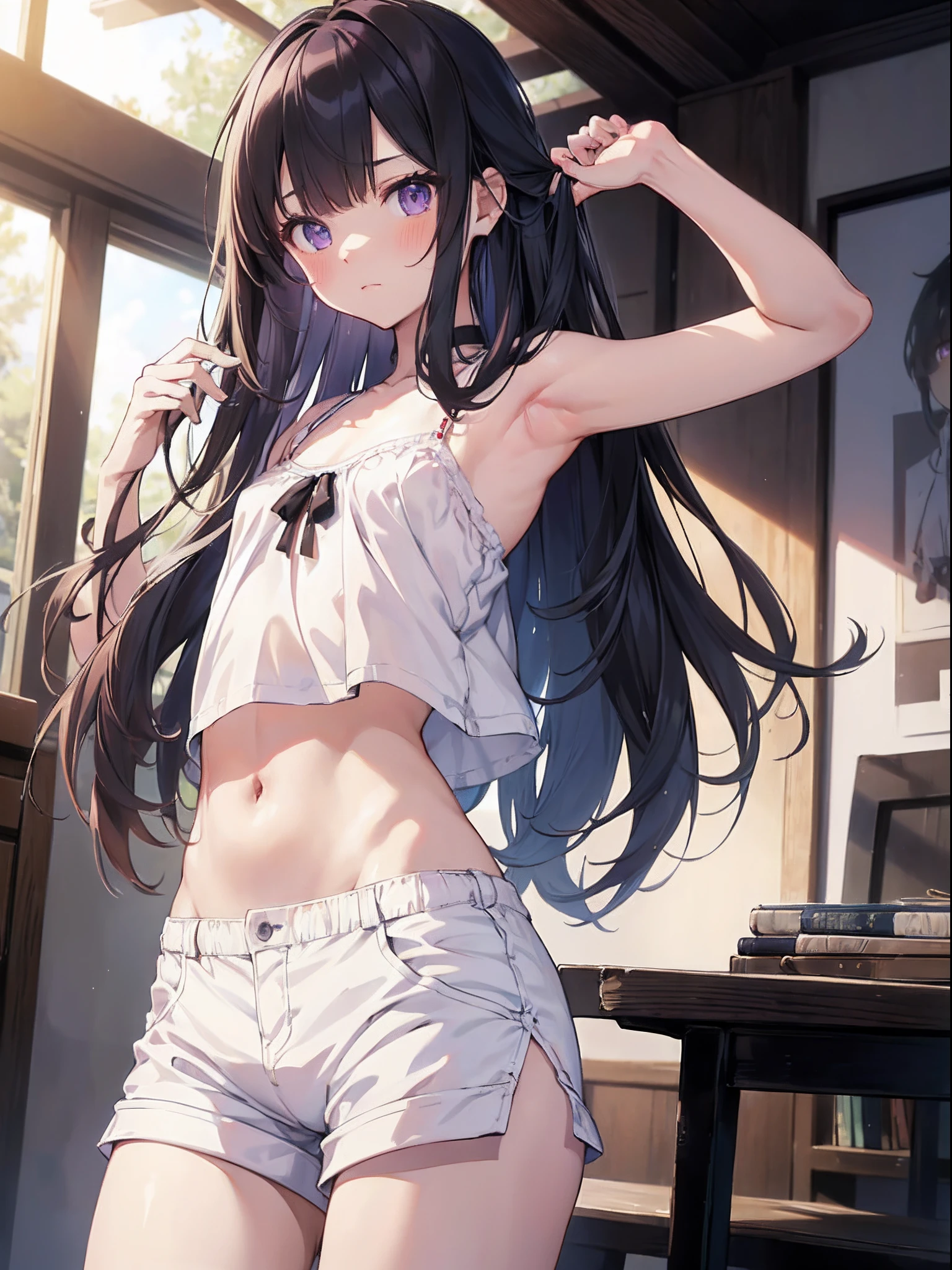 absurderes,(masterpiece、top-quality、8K ),intricate detailes,ultra-detailliert、1shita, (trap ,Otokonoko, Tom Girl:1.2), Solo, Male Focus, Very long hair, Cute anime face, Indoor, ( flat chest, bulge:1.2),midriff peek,((blush)), Black hair, Purple eyes, (White camisole、shortpants:1.3),hyper realistic,perfect anatomy