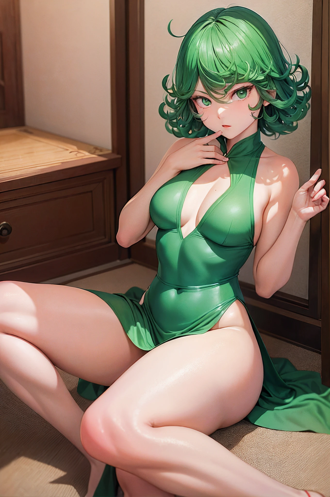 (Masterpiece, Best Quality:1.2), 独奏, 1girl, tatsumaki, unamused, closed mouth, looking a viewer, hand on our face, sitting, She wore Dunhuang flying clothes,big thighs