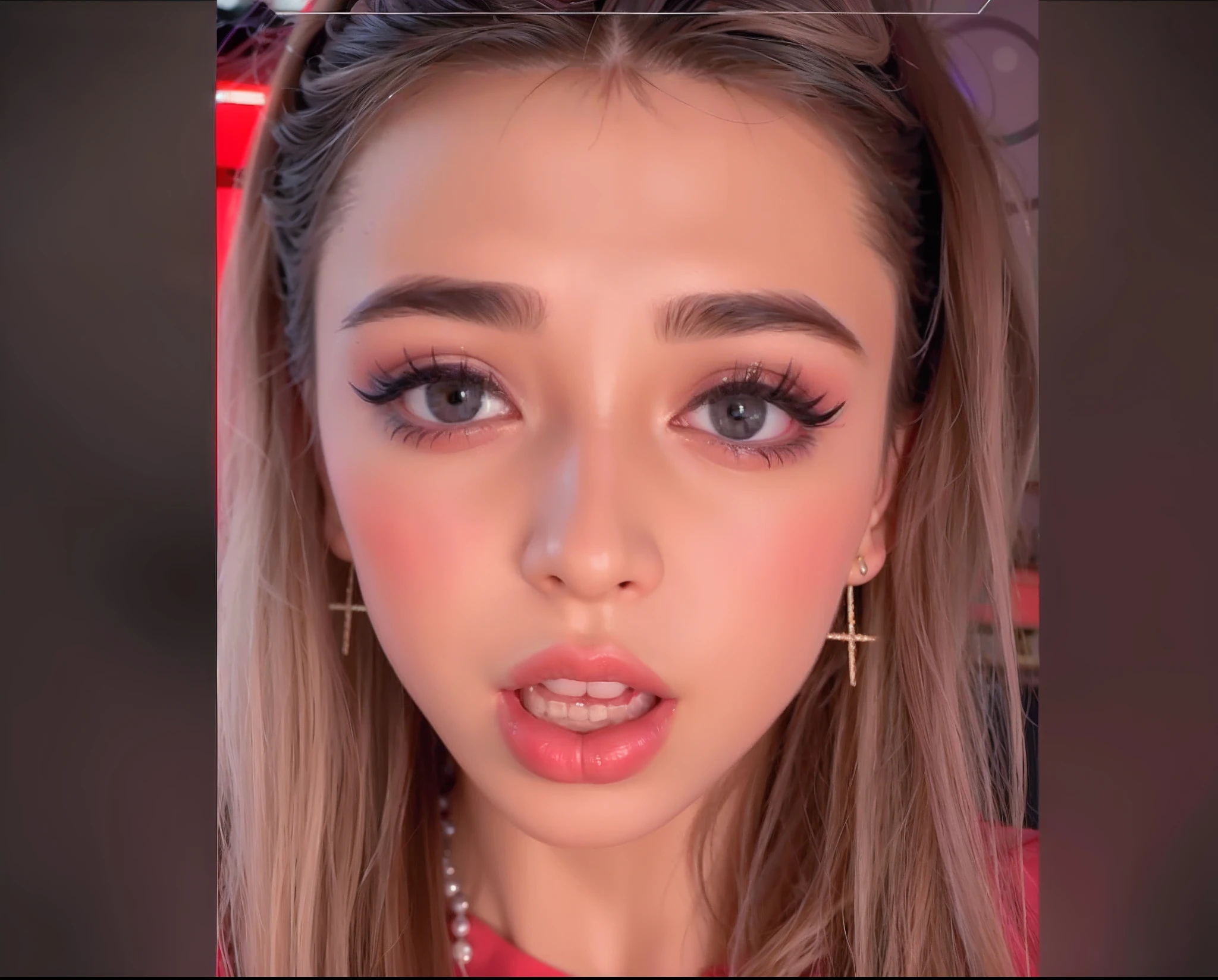 Close-up of a girl with long hair and pink makeup, TikTok-Videos, hyperrealistischer ager, Sexy Gesicht mit vollem Make-up, Ihr Gesicht sieht aus wie eine Orchidee, Weiches Devil Queen Madison Bier, Gesicht wie Ester Exposito, 18 years old, sieht aus wie eine Mischung aus Grimes, 1 6 Jahre alt, belle delphine, Beautiful Poarch, sweet look