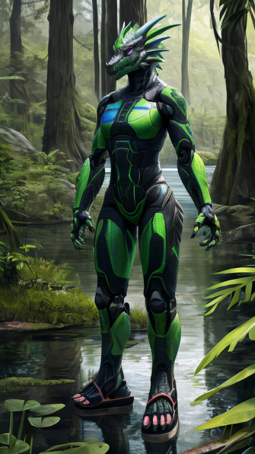 Bionic robot dragon,female,Android,Red Lingeri,sandals,Stuck in a swamp,HD graphics,Detailed and realistic,high detal,high qulity,photo-realistic,photorealistic eye,Detailed paws,Clear eyes,Masterpiece artwork,Five-fingered hands