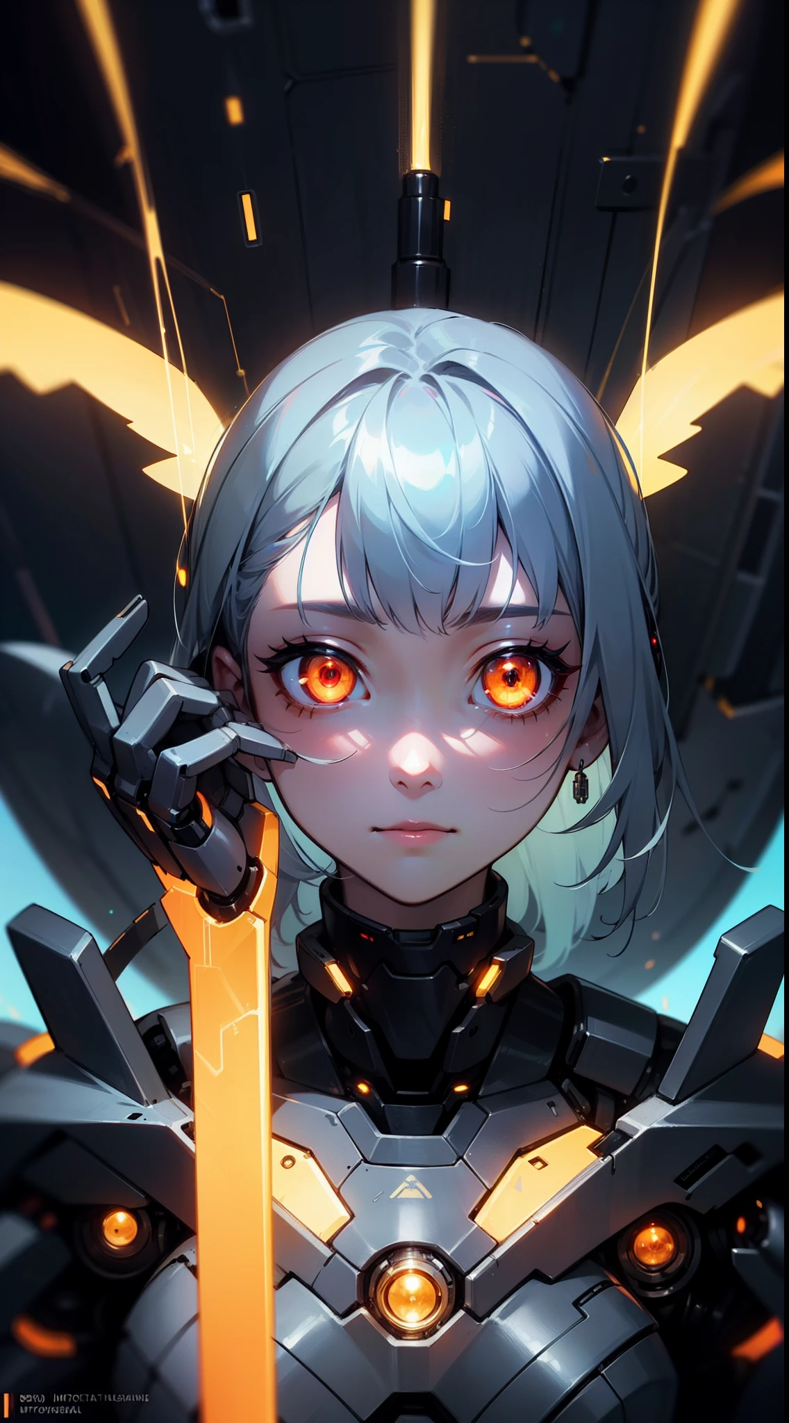 ((masterpiece)), best quality, 8k, high quality, high resolution, super detailed, ultra detailed, photorealistic, beautiful and finely detailed face and eyes, ultra detailed and detailed skin texture, expressive eyes, perfect face, 1 girl, chrome-plated hair, (android design), glowing amber eyes, modular robotic limbs, circuitry-patterned attire, (energy core), translucent cyber wings, floating in a futuristic laboratory, contemplative expression, ((mechanical smile)), day, advanced research facility, holographic interfaces, cutting-edge technology, (humming machinery), (soft beeping), since creation, Seraph, mechanical eyes, "Ex Machina" inspired background.
