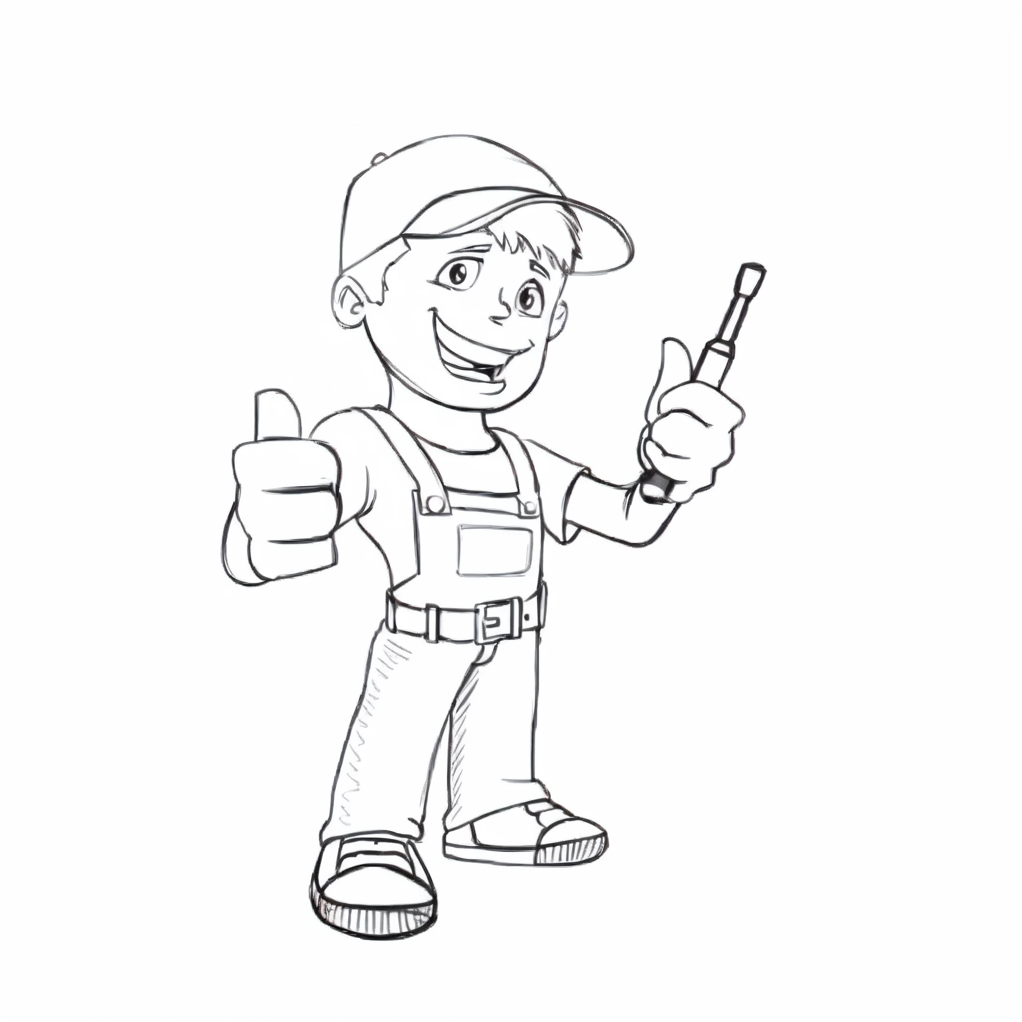 um desenho de desenho animado de um homem segurando uma chave inglesa e dando um polegar para cima, professional illustration, desenho profissional, clean coloring book page, vestindo uniforme de encanador, professional sketch, Mechanicalgirl, old charismatic mechanic, desenhos animados de alta qualidade, High quality illustration, high quality sketch, Lineart Behance HD |, professional illustration, commercial illustration, illustration black outlining, desenho dos desenhos animados