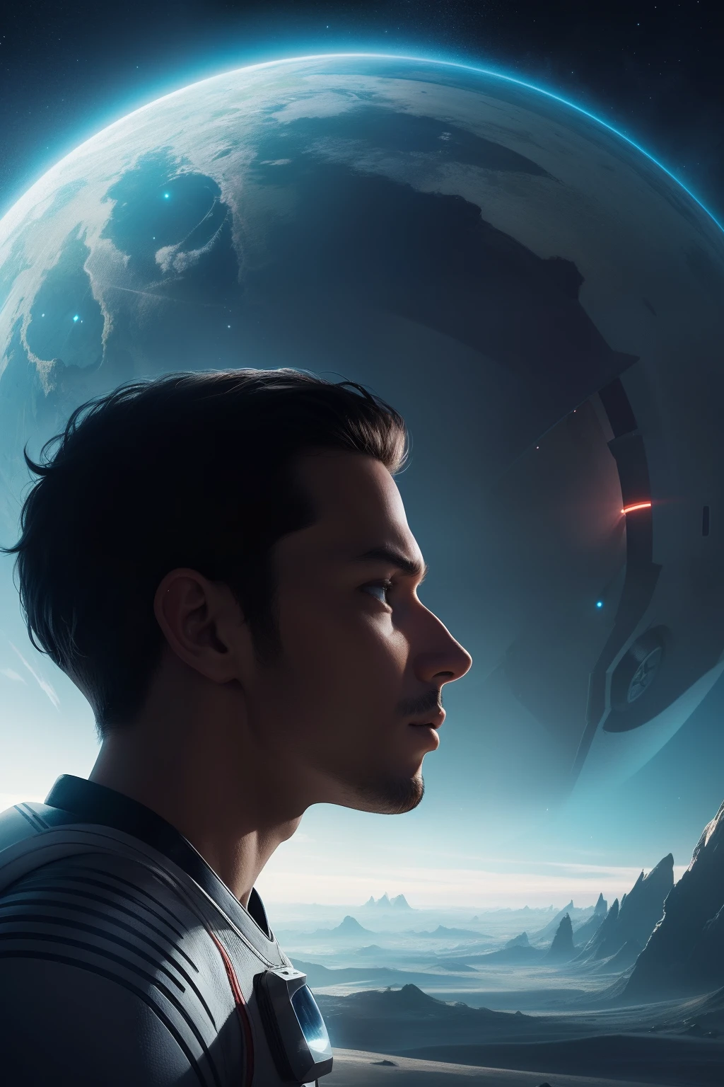 profile side of a male astronaut portrait inside of an alien planet, cinematic scifi shot, sci-fi digital art illustration, sci-fi digital art, depicted as a scifi scene, scifi illustration