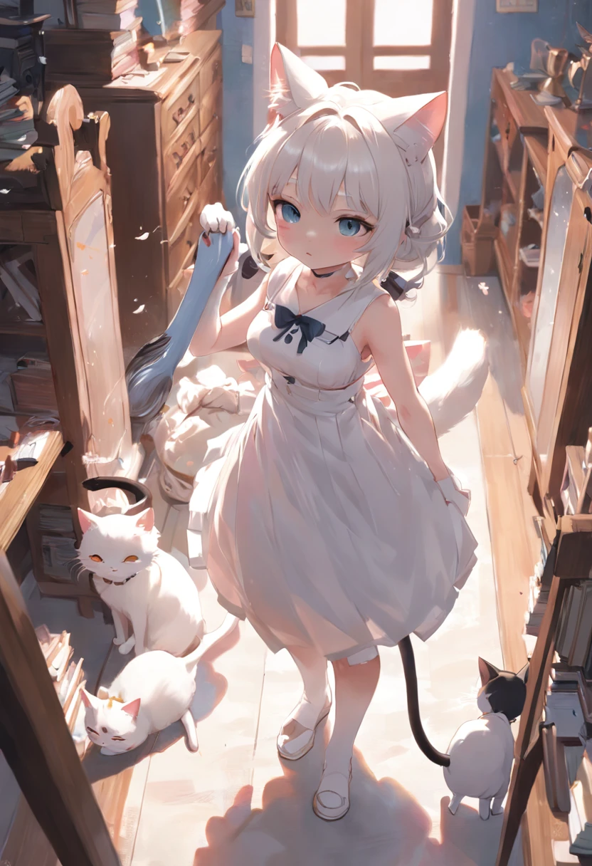 perfect picture,,silver haired cat,Silver hair theme,A room full of cats,{acrobatic cat}{cute}{humiliating},{sex},12 year old girl,4K quality, cinematic,,{child},{small body and chest,,,,,}, blonde,cute, Sweat