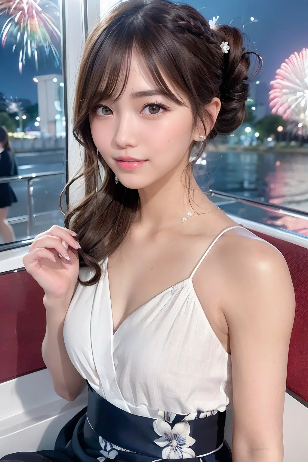 (masutepiece:1.3), High resolution, ultra-detailliert, the Extremely Detailed CG Unity 8K Wallpapers, Realistic, Photorealsitic, Raw photo, beautifull detailed face, pale skin, realistic glistening skin, Detailed Cloth Texture, detailed hair texture, Perfect body, Beautiful face, acurate, Anatomically correct, Highly detailed face and skin texture, Natural neck length, (Beautiful hands), (Fair skin:1.2), thin legs, Thin feet, (Aligned teeth:1.1), 
BREAK, 
Detailed eyes, symmetrical eye, Light brown eyes, Double eyelids, Thin eyebrows, (Glossy lips:1.4), ((Provocative smile:1.2)), (blush:1.1), (Small hair accessories that sparkle:1.1), 
BREAK, 
(Classy and cute girl:1.3), [(Navy blue yukata with white floral pattern):1.2], 
BREAK, 
medium large breasts, Slender figure, Firm abs, 
((up do hairstyle:1.2)), (Dark blonde hair), ((Wavy Hair, Long hair, Bangs flowing sideways:1.2)), (upperbody shot:1.2), (looking side at viewer), (Focus on Face:1.2), From Side, 
BREAK, 
((Sitting across from the seat of the Japan Ferris wheel:1.2)), ((Countless fireworks outside the window:1.2)),