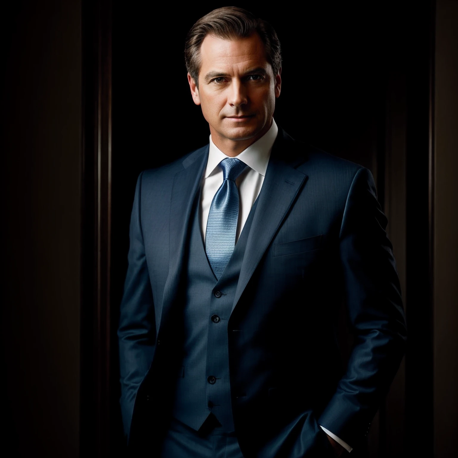 professional portrait of a Man standing with 30 years in suit and tie, body and head straight in the photo, facing the viewer of the photo, eyes fixed to the lens, appears shoulders and head in the photo, man centered in the photo, 8k, best quality, masterpiece, realistic, realistic photo, movie photo, ultra realistic, 1 person, detailed, perfect lighting, DSRL, professional photo