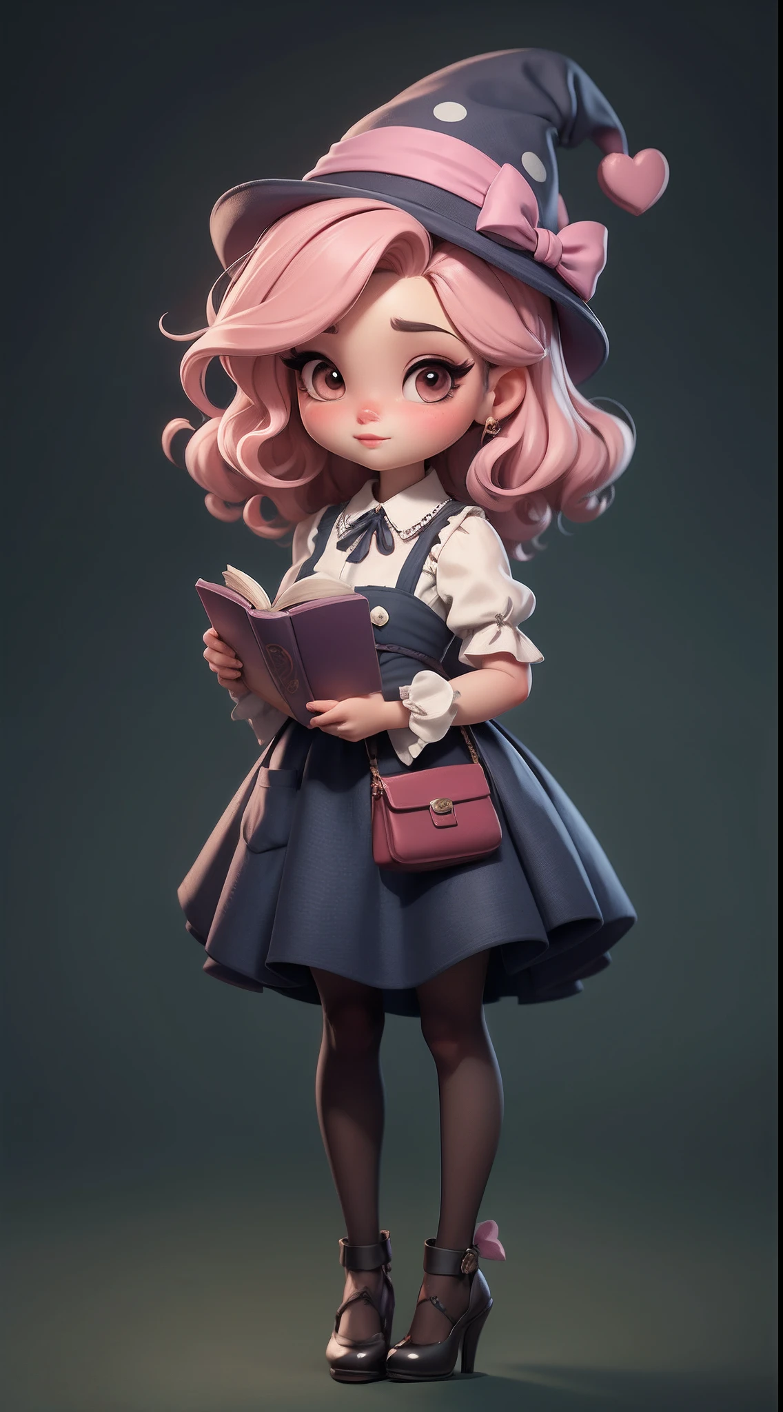 Create a series of chibi style dolls with a cute halloween theme, each with lots of detail and in an 8K resolution. All dolls should follow the same solid background pattern and be complete in the image, mostrando o (corpo inteiro, incluindo as pernas: 1.5)
Boneca Aprendiz de Bruxa: Chame-a de Mia. She should have medium wavy hair in a shade of light brown. Seus olhos devem ser grandes e curiosos, with long eyelashes and slightly pinkish cheeks. Mia should be dressed in a colorful dress and a polka-dot blouse and a delicate and beautiful hat. She must hold a mini cauldron and an open book. Add details like pockets and ruffles to the apron to make it even more charming, sapato bonito
Certifique-se de adicionar sombras, texturas e detalhes nos cabelos, roupas, Cute Halloween utensils, to make them even more adorable and charming.