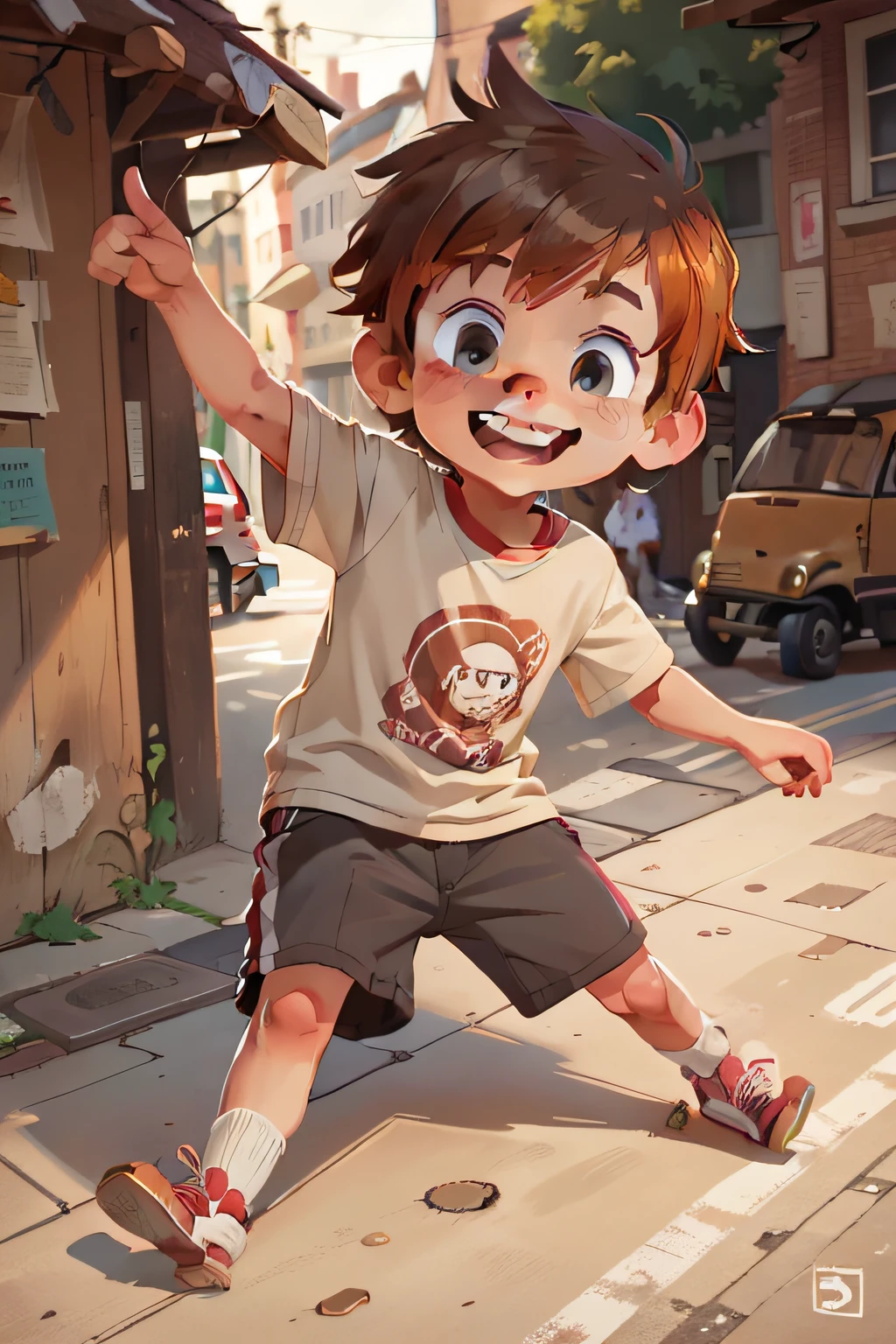 8  American boy, light brown hair, kind look, smiling, playing with his skate at the street