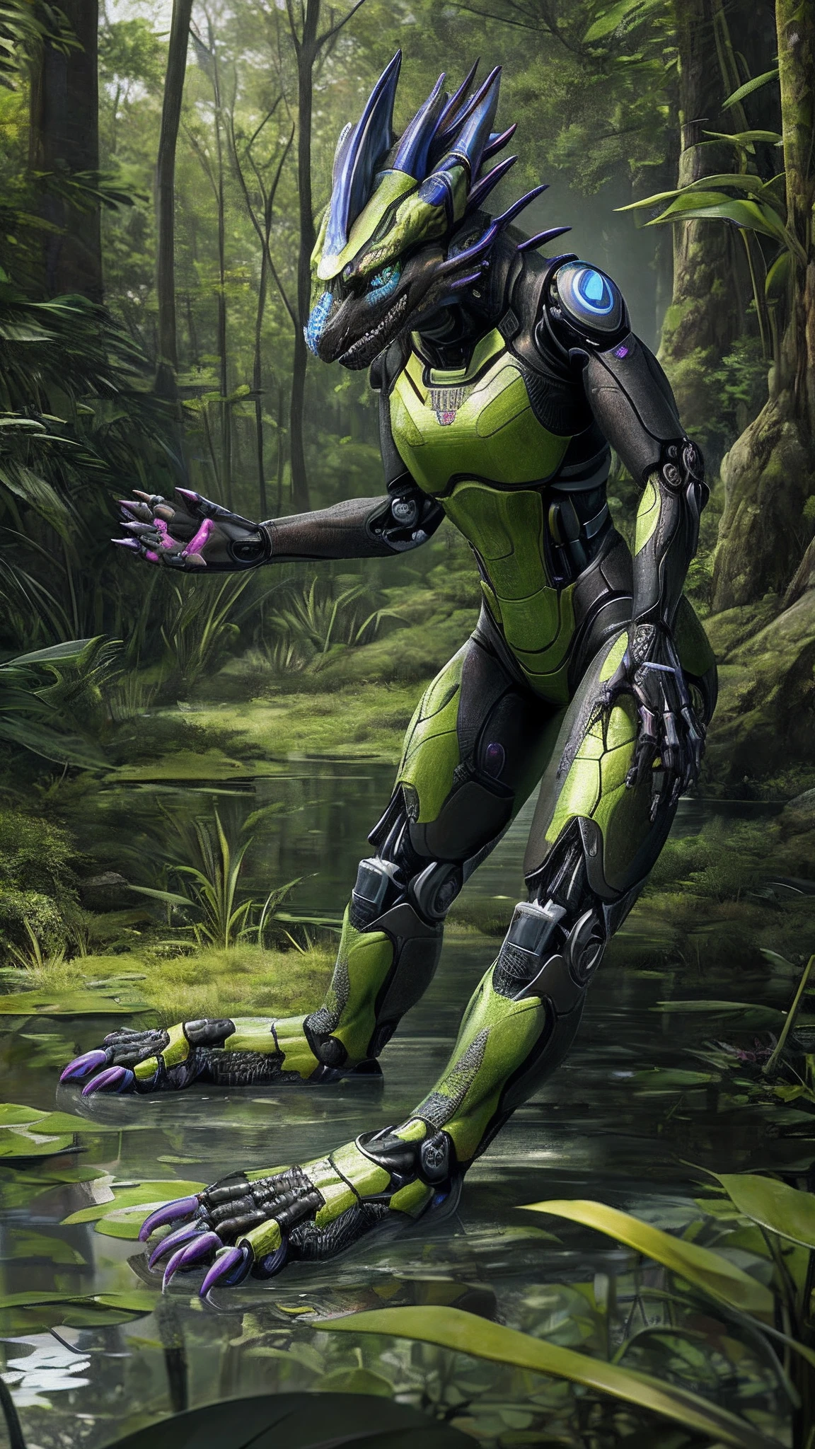 Bionic robot dragon，female，Android，Red Lingeri，sandals，Stuck in a swamp，HD graphics，Detailed and realistic，high detal，high qulity，photo-realistic，photorealistic eye，Detailed paws，Clear eyes，Masterpiece artwork，Five-fingered hands