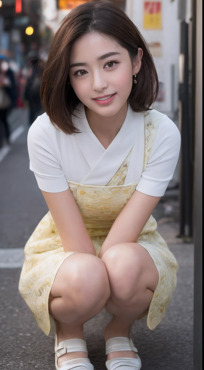 ((top-quality、8K、masterpiece、:1.3))、1girl in、A smile、full body Esbian、Slim Faces、Pretty women、(dark brown hair)、qipao dress:1.1、Super Detailed Face、detailedeyes、二重まぶた、blurry backround、Slim Faces、nighttime scene、appearance、Street、crouching down、Wide crotch opening、pantyshot、Facing the front