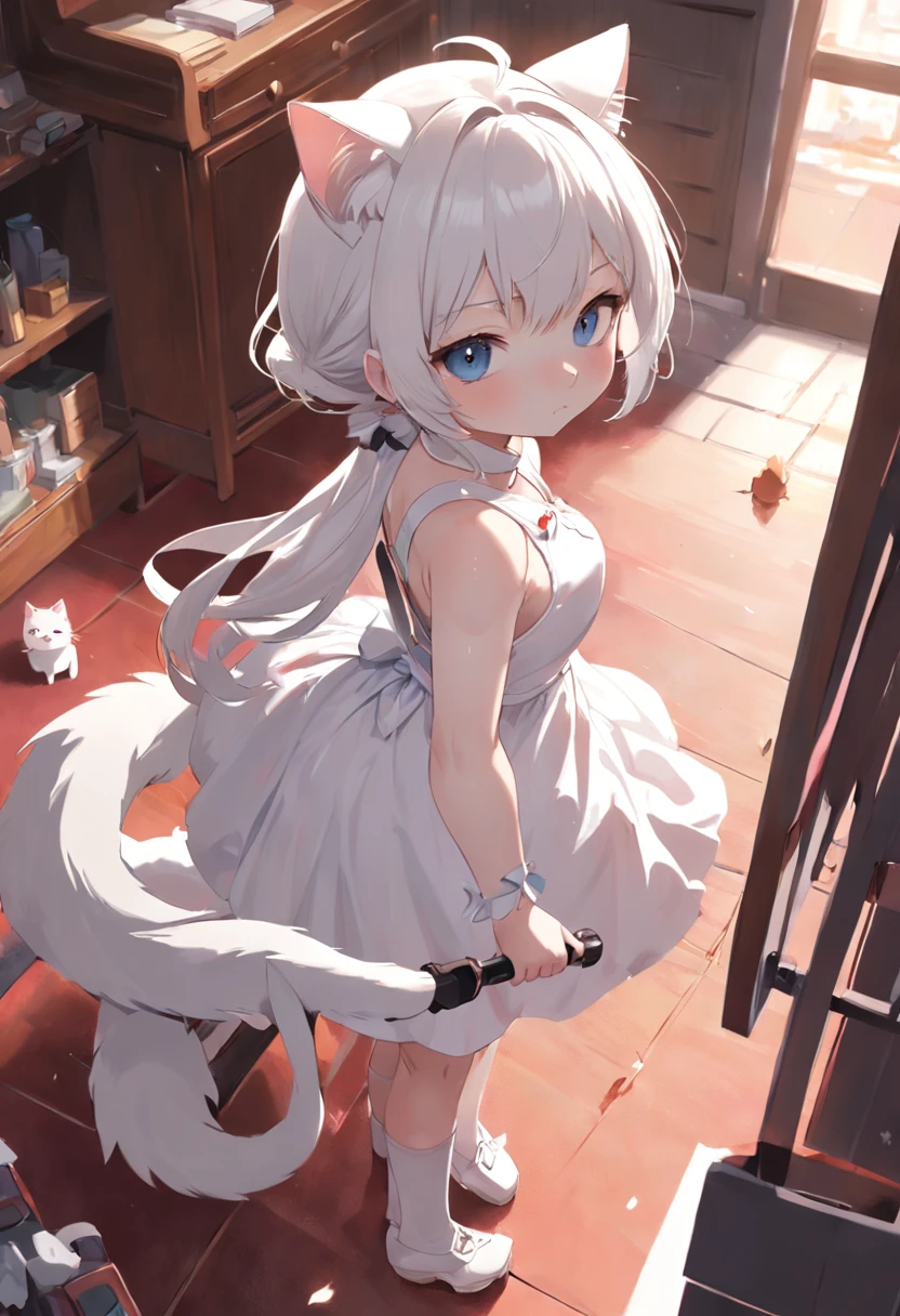 Anime cat-eared girl in white dress, Vacuuming，loli in dress,Sleeveless， small curvy loli, artwork in the style of guweiz, guweiz on pixiv artstation, guweiz on artstation pixiv, guweiz, small li girl, soft anime illustration, Anime visuals of cute girls, Detailed Digital Anime Art