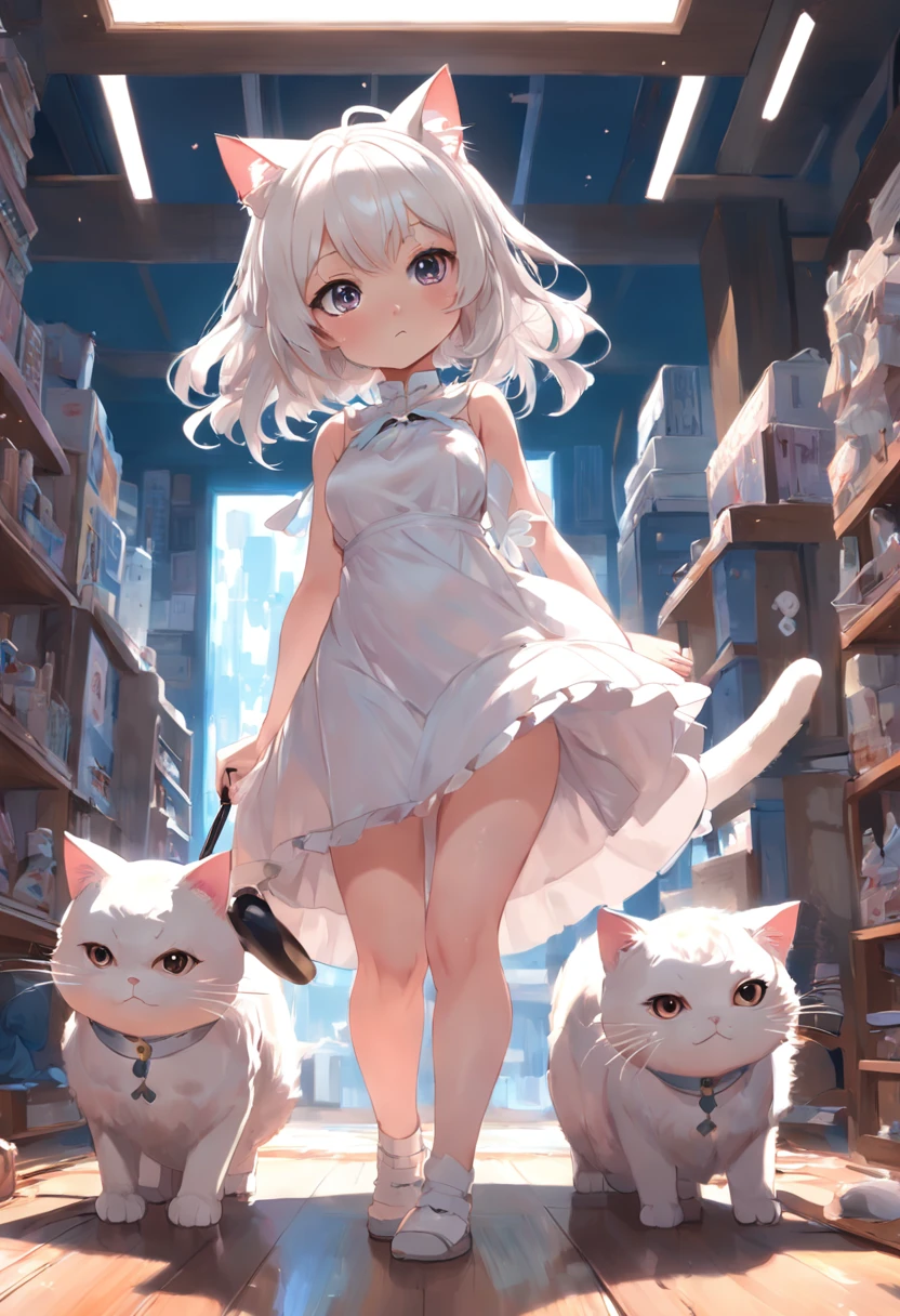 Anime cat-eared girl in white dress, Vacuuming，loli in dress,Sleeveless， small curvy loli, artwork in the style of guweiz, guweiz on pixiv artstation, guweiz on artstation pixiv, guweiz, small li girl, soft anime illustration, Anime visuals of cute girls, Detailed Digital Anime Art