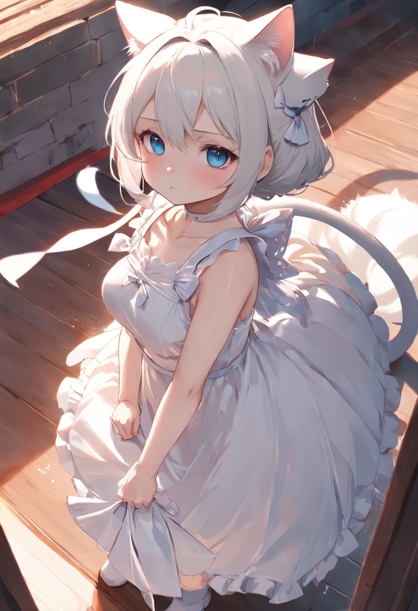 Anime cat-eared girl in white dress, Vacuuming,loli in dress,Sleeveless, small curvy loli, artwork in the style of guweiz, guweiz on pixiv artstation, guweiz on artstation pixiv, guweiz, small loli girl, soft anime illustration, Anime visuals of cute girls, Detailed Digital Anime Art