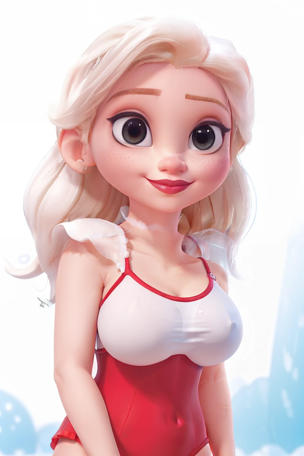 Swimsuit,white ,whitebackground ,Close -up,big eyes,Large lipstick, makeup, elsa,fat body