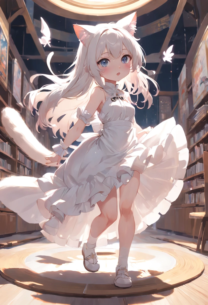 Anime cat-eared girl in white dress, Ride a Roomba，loli in dress,Sleeveless， small curvy loli, artwork in the style of guweiz, guweiz on pixiv artstation, guweiz on artstation pixiv, guweiz, small li girl, soft anime illustration, Anime visuals of cute girls, Detailed Digital Anime Art