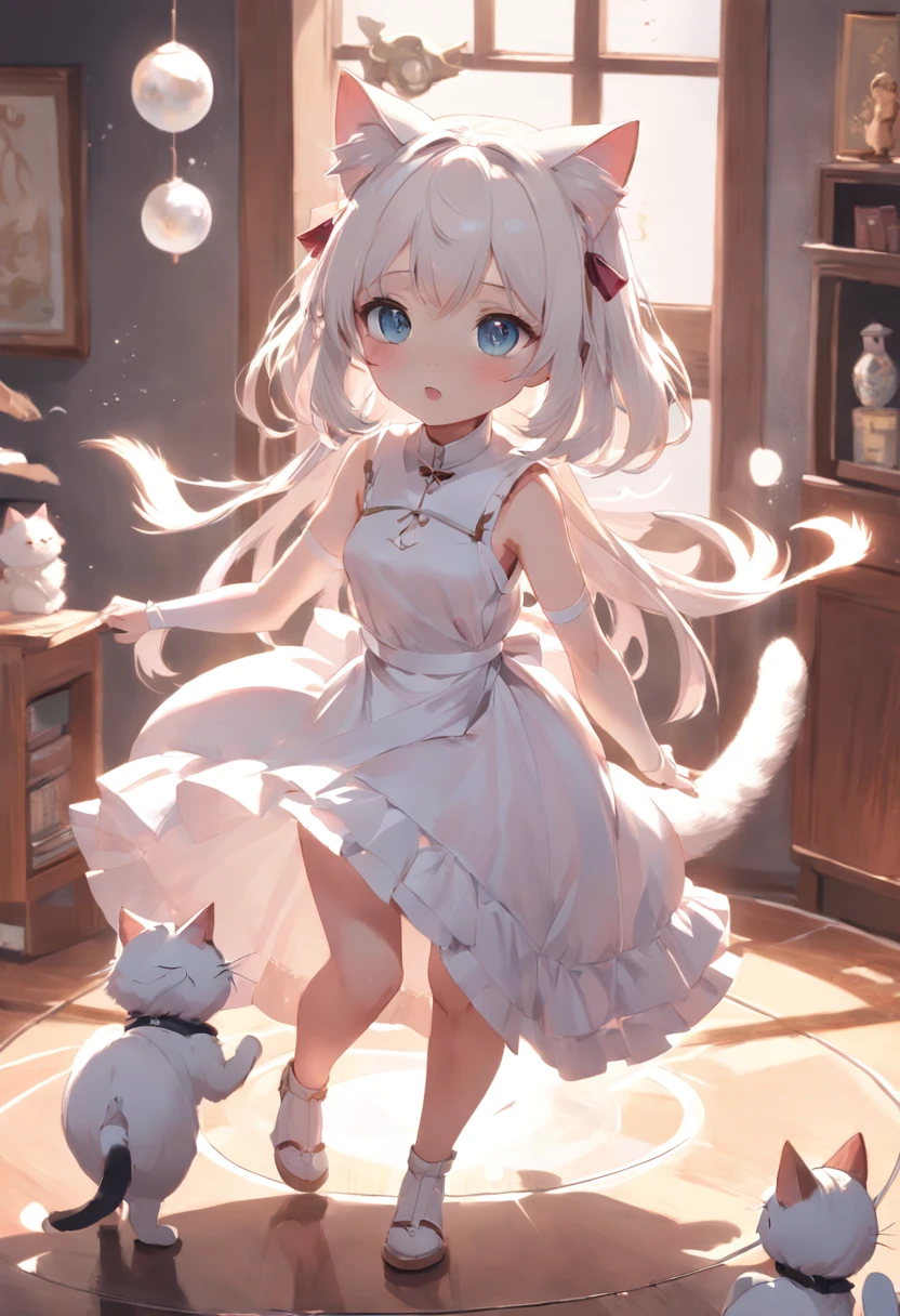 Anime cat-eared girl in white dress, Ride a Roomba,loli in dress,Sleeveless, small curvy loli, artwork in the style of guweiz, guweiz on pixiv artstation, guweiz on artstation pixiv, guweiz, small li girl, soft anime illustration, Anime visuals of cute girls, Detailed Digital Anime Art