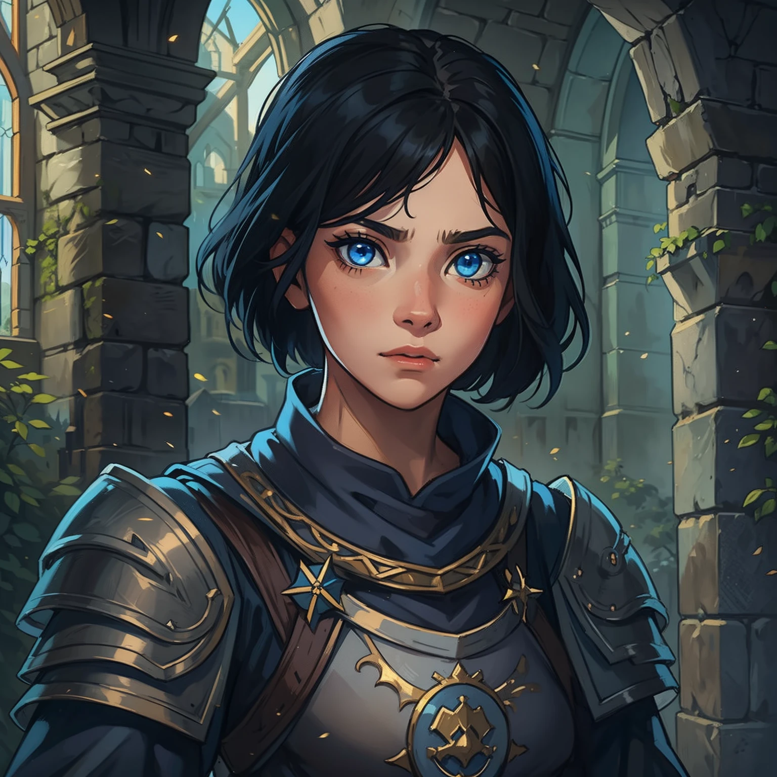 a portrait of a young teenage girl, an elegant princess with blue eyes and short, black hair, an NPC for a medieval RPG wearing combat costumes, medieval fighting training costumes in a medieval art RPG art, an approximate art in a medieval castle, this teenager is 15 years old and has a dark aura, she is of the evil