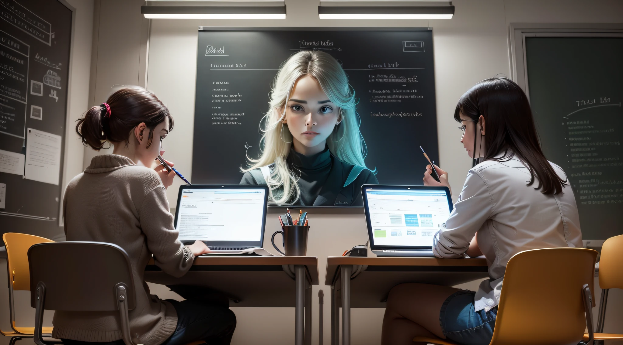 The image portrays a transition scenario, where the old and the new concept are contrasting markedly.
In the left half of the image, a portrait of a traditional classroom is shown. Students are sitting at desks in a row, looking at a blackboard where mathematical equations and grammar rules are written. The atmosphere is formal and tense, with a professor at the front of the room leading the class. This half of the image represents the old concept of intelligence, where the emphasis is on quantifiable abilities and traditional assessment.
In the right half of the image, a contrasting scene emerges. Here, a group of students are gathered in a modern collaboration area. They are working together on a project, discussing ideas and sharing knowledge. Computer screens display molecular models, programming codes and creative designs. Post-its and diagrams are scattered around the area, highlighting the creative and collaborative process. This half of the image represents the revolution in the concept of intelligence, where the emphasis is on creativity, innovation and teamwork.
The focal point of the image is the line dividing the two halves, where the differences are most evident. This line is composed of a series of transitional elements, such as books that transform into laptops, a ruler that transforms into a digital pen and a blackboard that gradually transforms into an interactive computer screen.
Lighting is strategically used to highlight the divide between the two halves of the image, with the right half being slightly brighter to emphasize the innovation and new concept.
The color palette shifts subtly from cooler tones on the left half (representing traditional) to warmer, more vibrant tones on the right half (representing revolution).
In summary, the image captures the radical change in the concept of intelligence, showing the transition from a traditional and formal environment to a modern and collaborative environment. She highlights the revolution tha