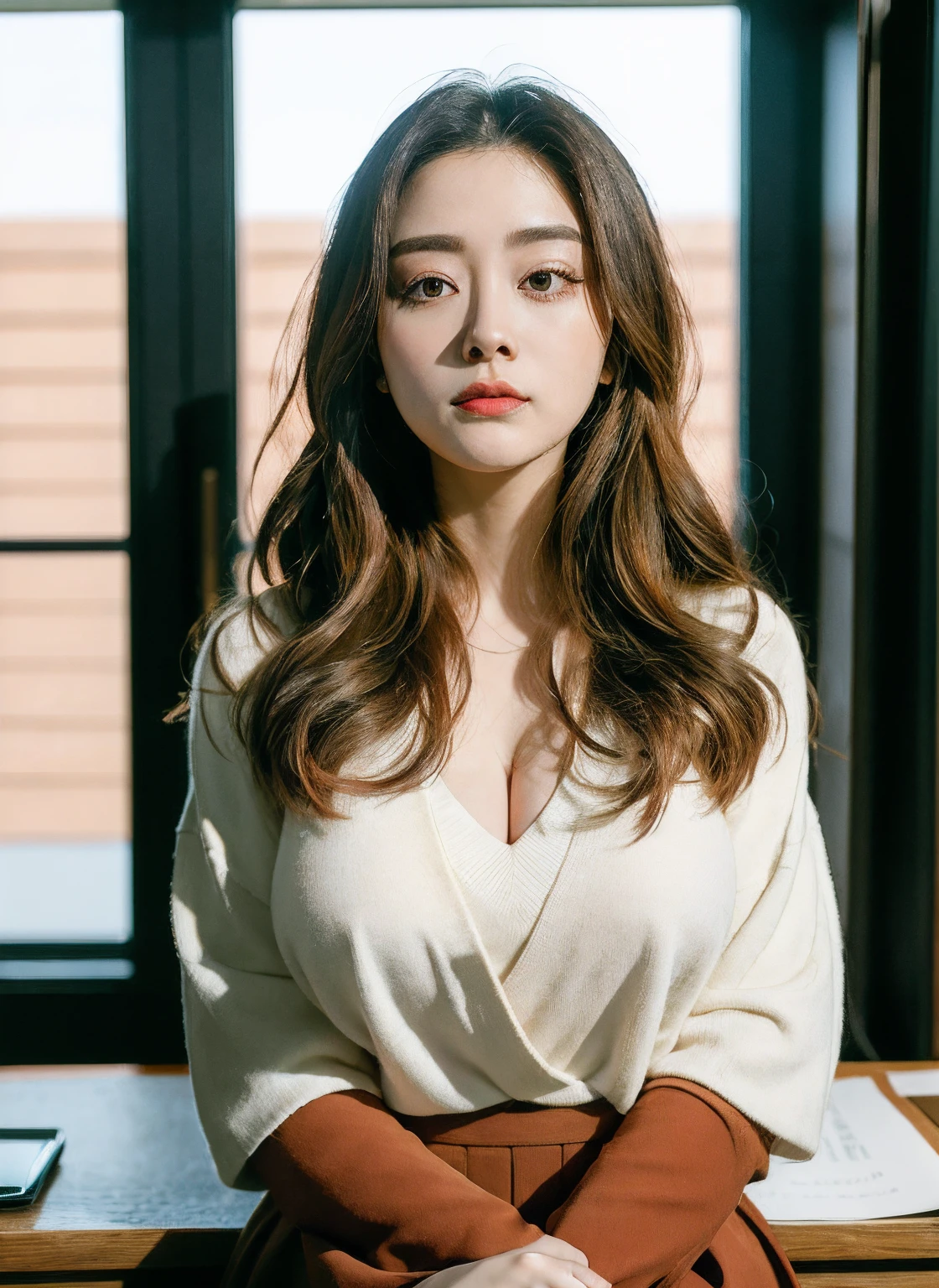 25 years old female, soio, A secretary, stunningly beautiful, (top-quality、8K、32K、tmasterpiece、NFFSW:1.3)、超A high resolution,(Photorealsitic:1.4),RAW photography, Detailed face,,Beautiful hair, Pink shirt,((Secretarial style)), thicc body, Tight skirts、 Natural makeup, Breast cleavage, Inside the office, Detailed background, Perfect lighting, depth of fields, Beautiful shadow gradient, ,
