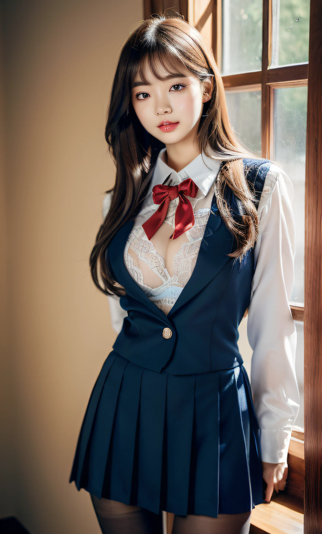 ulzzang-6500-v1.1, (raw photo:1.2), (photorealistic:1.4), beautiful detailed girl, very detailed eyes and face, beautiful detailed eyes, ridiculous, incredibly ridiculous, huge file size, super detailed, high resolution, very detailed, best quality, masterpiece, kemomimi, (((JK school uniform)), illustration, very detailed, CG, unified, 8k wallpaper, amazing, fine details, masterpiece, best quality, very detailed CG uniform 8k wallpaper, light on face, cinematic lighting, 1girl, , show lingerie, ((beautiful lingerie)), ((dynamic pose)), (camel toe), (half), (pantyhose)