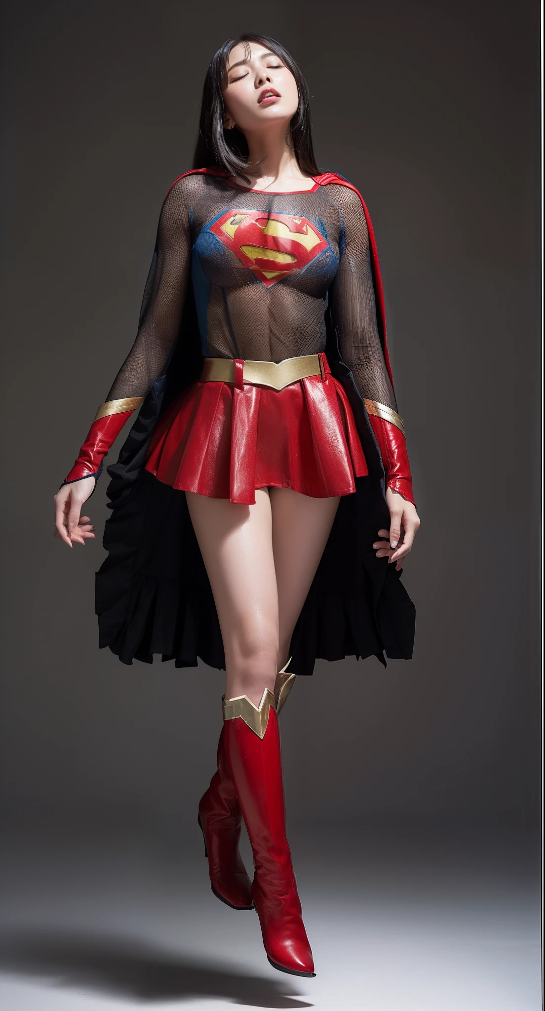 (((Make the most of the original image)))、(((Be sure to wear black tights)))、(((Supergirl Costume)))、(((lustrous dark hair)))、(((Suffering)))、(((Eyes closed)))、(((Wear red boots)))、((Top image quality、8K))、((top-quality、8K、​masterpiece:1.3))、Crisp focus:1.2、Beautiful woman with perfect body shape:1.4、Slender Abs:1.2、((layers-Cut、large boob:1.2))、a wet body:1.5、Highly detailed facial and skin texture、