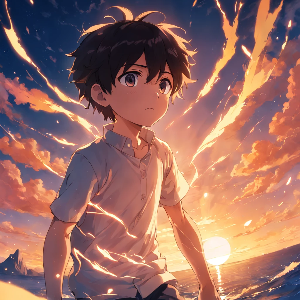 obra-prima, melhor qualidade, filme ainda, 1boy, garota nuvem, floating into the sky, close-up, brilhante, bravo, Soft lighting and Warm, sun sunset, (Sparks: 0,7)