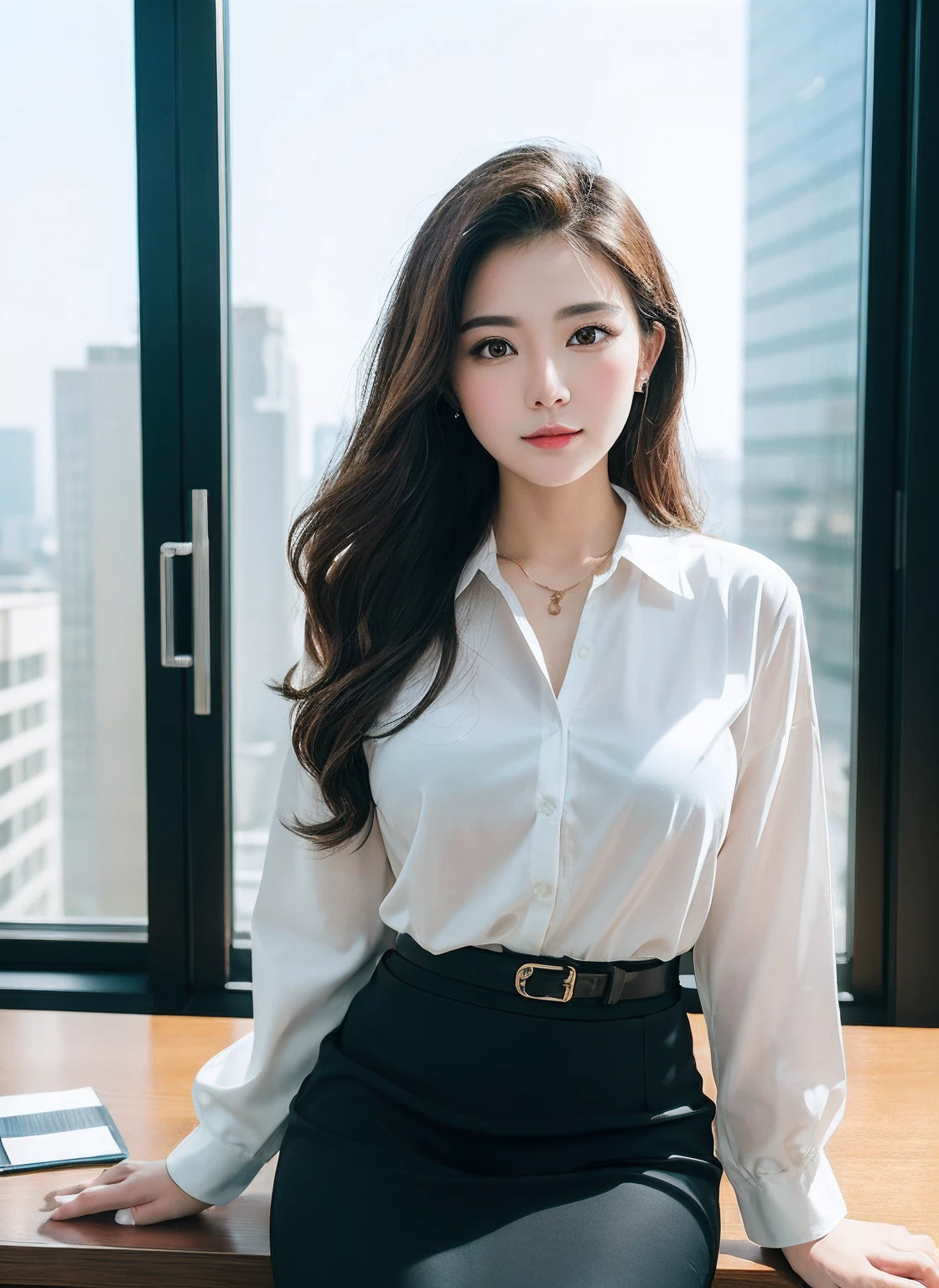 25 years old female, soio, A secretary, stunningly beautiful, (top-quality、8K、32K、tmasterpiece、NFFSW:1.3)、超A high resolution,(Photorealsitic:1.4),RAW photography, Detailed face,,Beautiful hair, Pink shirt,((Secretarial style)), thicc body, Tight skirts、 Natural makeup, Breast cleavage, Inside the office, Detailed background, Perfect lighting, depth of fields, Beautiful shadow gradient, ,