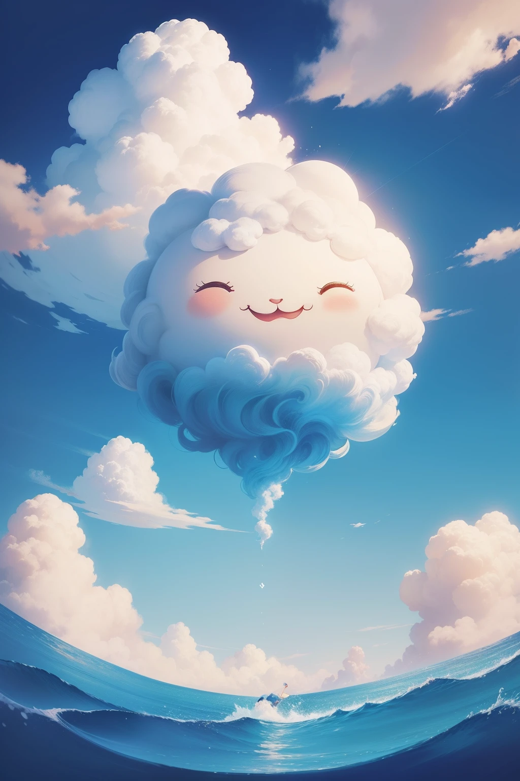 illustration, children's book, "Create an image of a smiling cloud waving and laughing in a blue sky.
