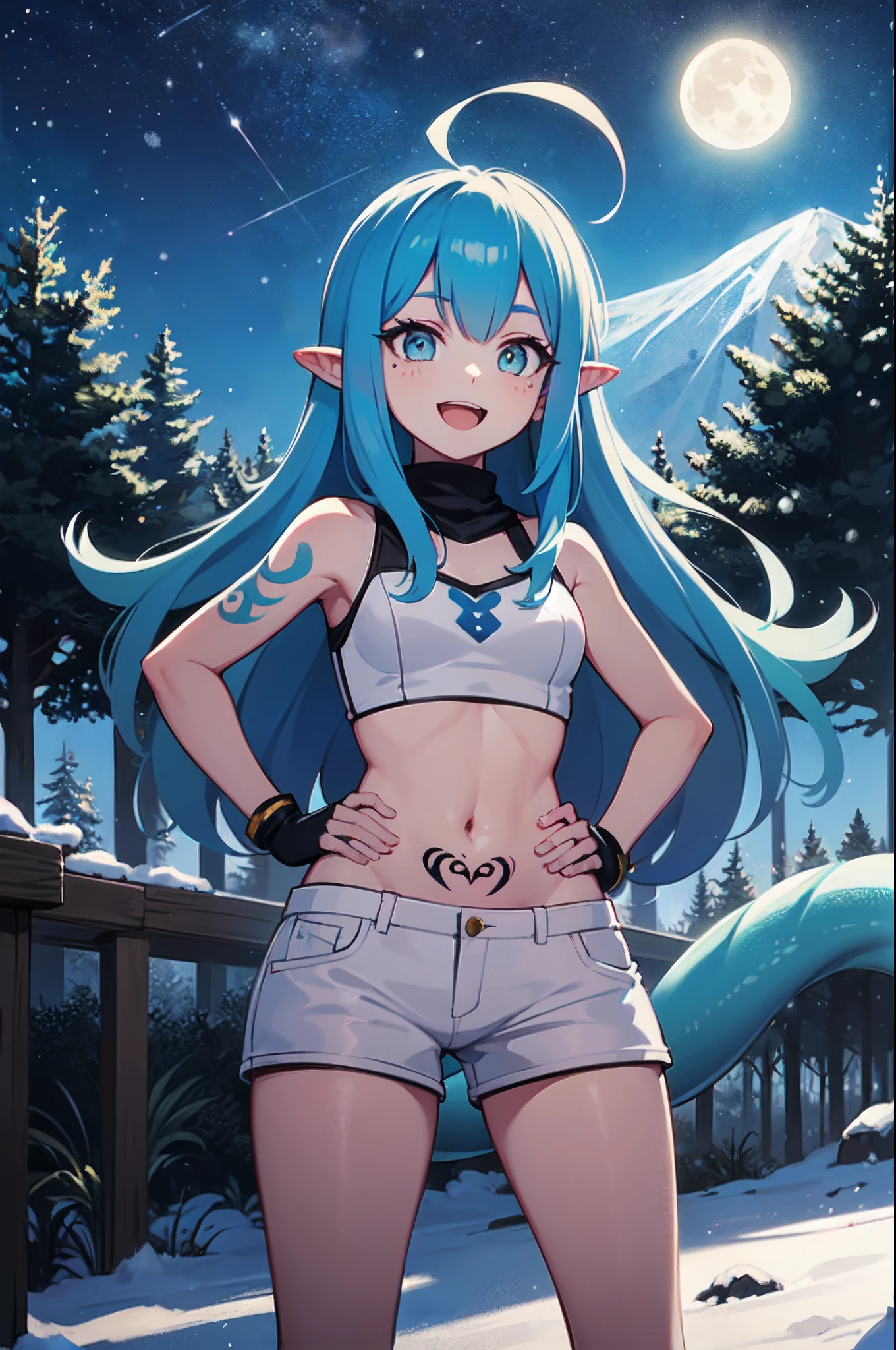 1girl, solo, (Appearance:, cyan hair, light blue hair, very long hair, grey eyes, dark eyes, small breasts, crop top, white top, navel, white shorts, white lizard tail, white tail:1.2, lizard girl:1.3, lizard tail, pointy ears, blue scales, blue tattoos, blue marks, tattoo on torso, tattoo on arms, tattoo on thighs), (Actions:, standing, smiling, :D, hands on hips, her tail is visible), (Scenery:, winter, forest, snow, mountains, moon, stars, nighttime), ((masterpiece, best quality))