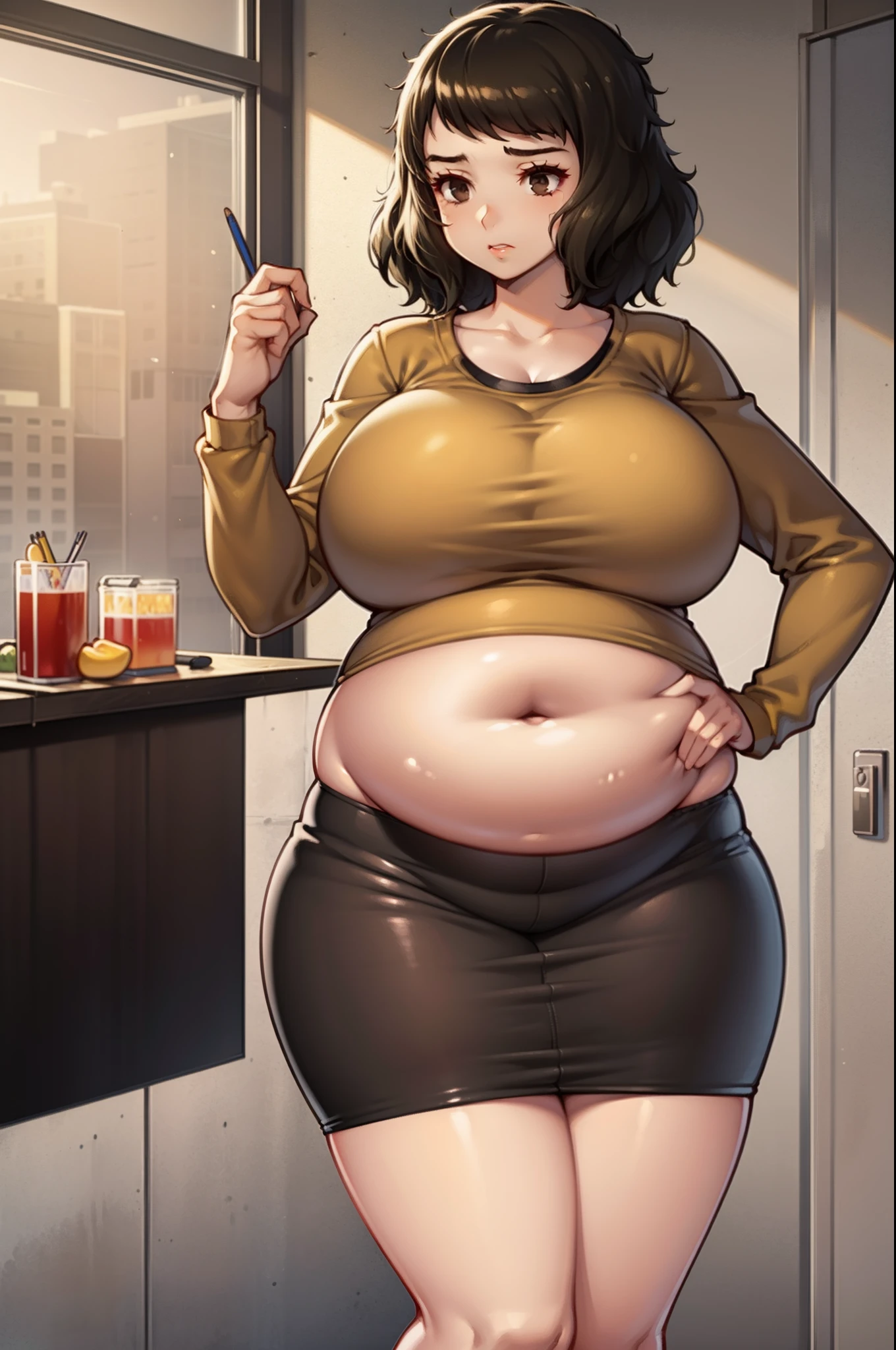 (masterpiece, best quality), 1girl, gigantic breasts, kawakami sadayo, yellow shirt, long sleeves, pencil skirt, huge belly, art by kipteitei,