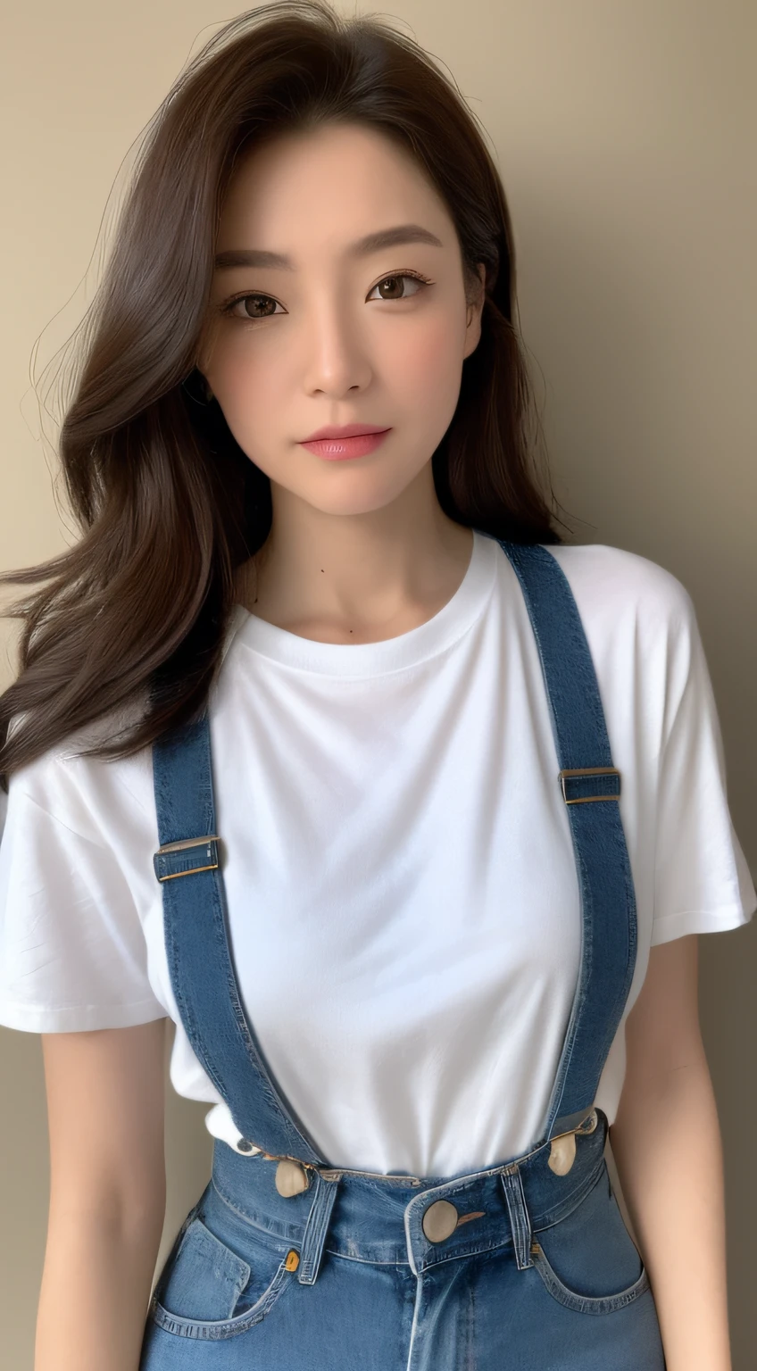 ((midynight, Need, 8k, tmasterpiece:1.3)), full bodyesbian, Long legs, Focalors:1.2, perfect figure beautiful woman:1.4, Slim abs:1.1, ((Dark brown hair, huge tit:1.2 )), (white tight t-shirt, Denim suspenders, standing on your feet:1.2), ((Solid color north view,:1.3)), Highly detailed facial and skin texture, A detailed eye, 二重まぶた