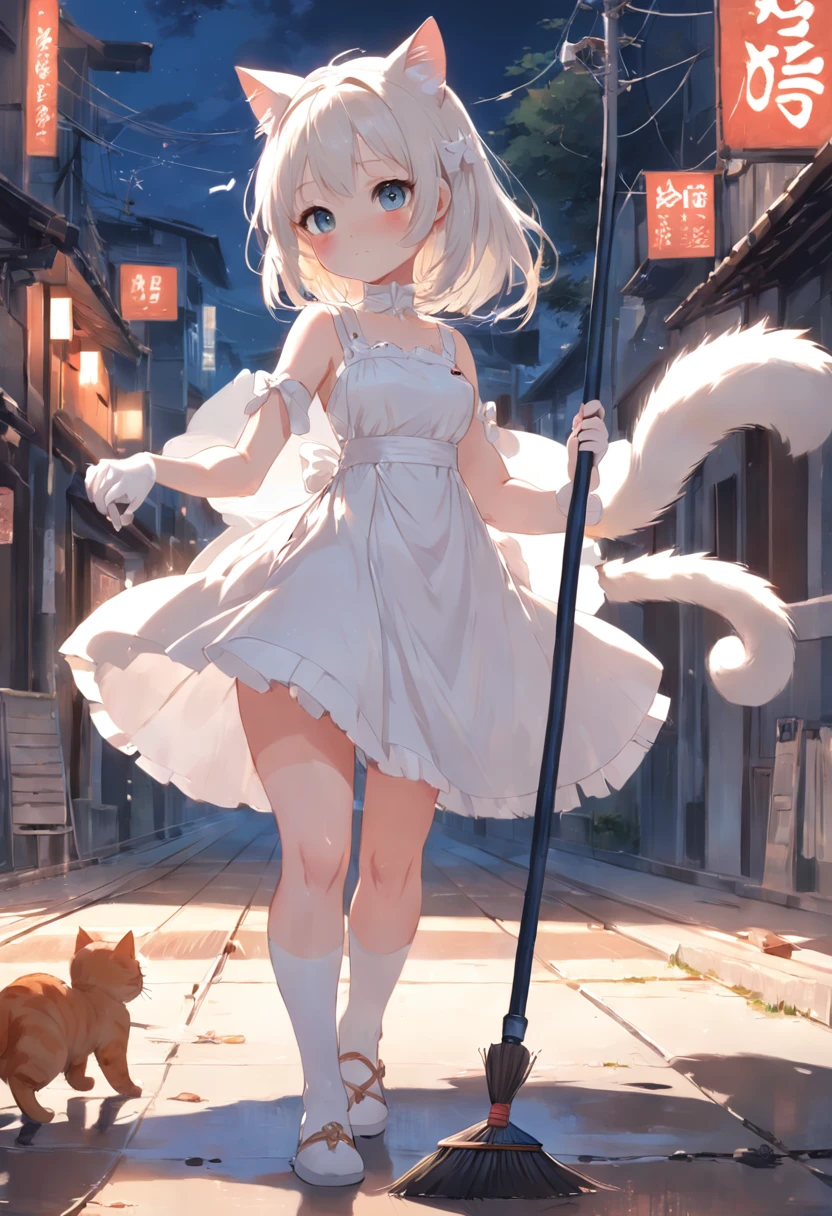 Anime cat-eared girl in white dress, sweep,Cleaning with a broom,loli in dress,Sleeveless, small curvy loli, artwork in the style of guweiz, guweiz on pixiv artstation, guweiz on artstation pixiv, guweiz, small loli girl, soft anime illustration, Anime visuals of cute girls, Detailed Digital Anime Art