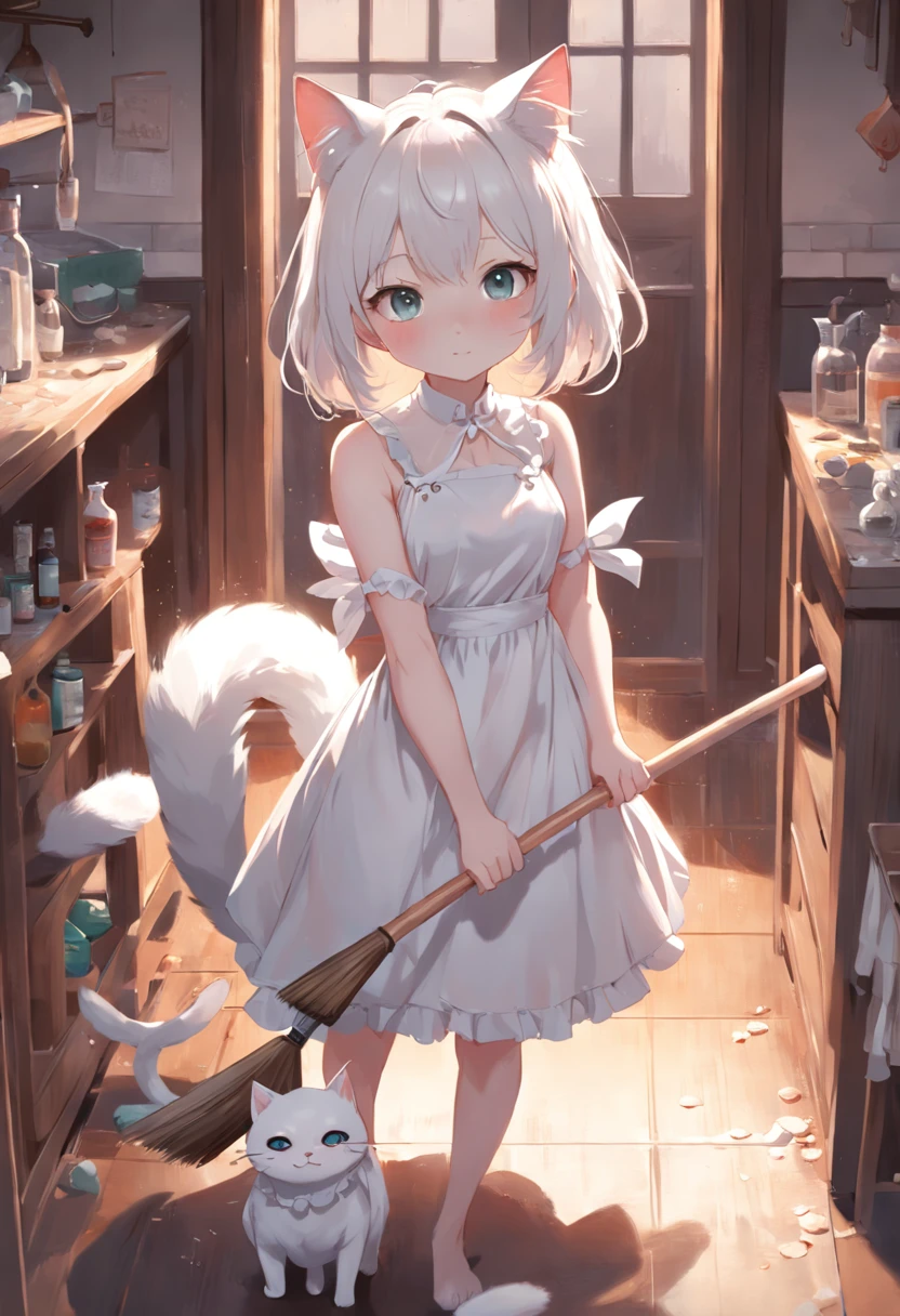 Anime cat-eared girl in white dress, sweep，Cleaning with a broom，loli in dress,Sleeveless， small curvy loli, artwork in the style of guweiz, guweiz on pixiv artstation, guweiz on artstation pixiv, guweiz, small loli girl, soft anime illustration, Anime visuals of cute girls, Detailed Digital Anime Art