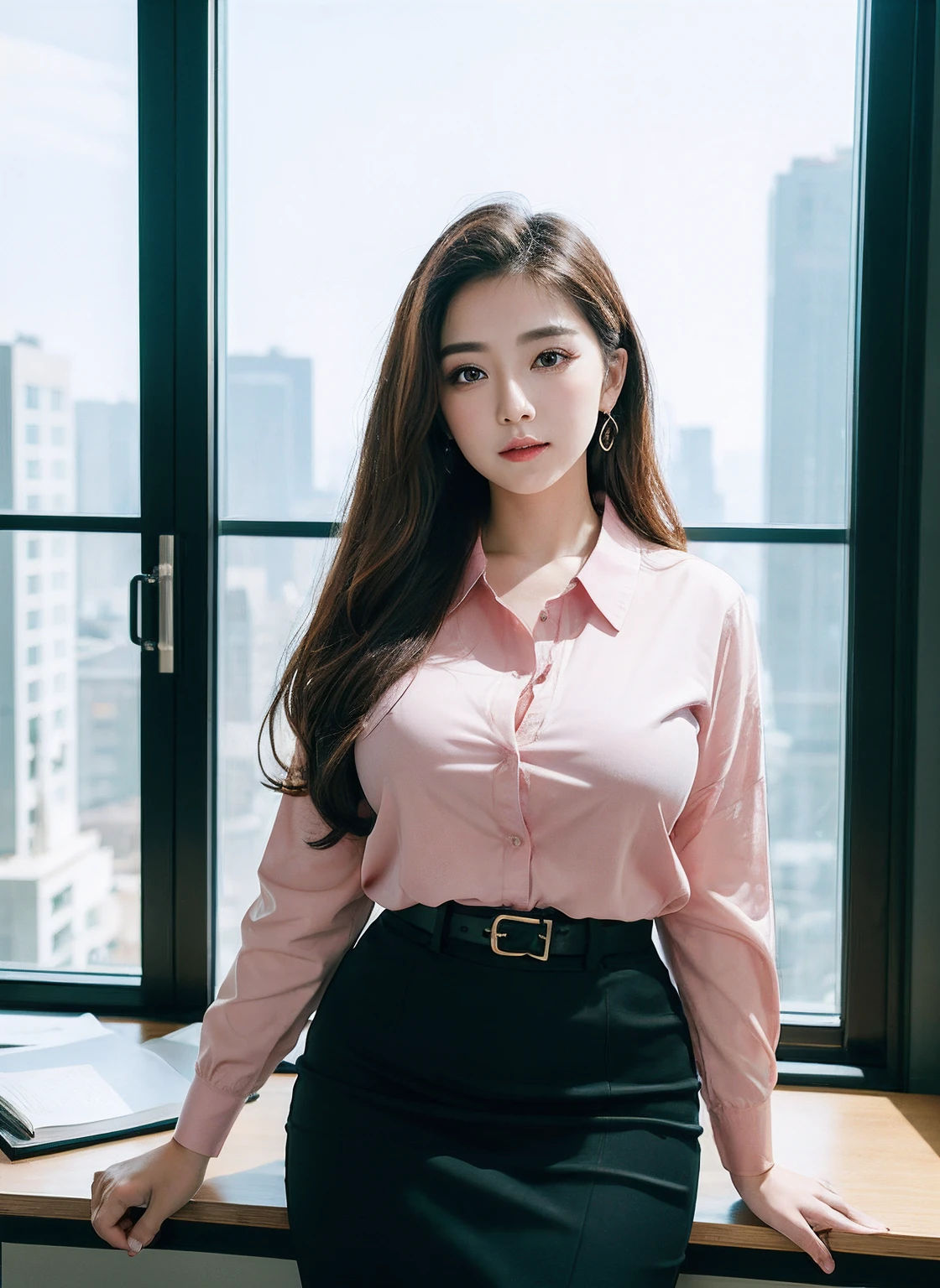 25 years old female, soio, A secretary, stunningly beautiful, (top-quality、8K、32K、tmasterpiece、NFFSW:1.3)、超A high resolution,(Photorealsitic:1.4),RAW photography, Detailed face,,Beautiful hair, Pink shirt,((Secretarial style)), thicc body, Tight skirts、 Natural makeup, Breast cleavage, Inside the office, Detailed background, Perfect lighting, depth of fields, Beautiful shadow gradient, ,