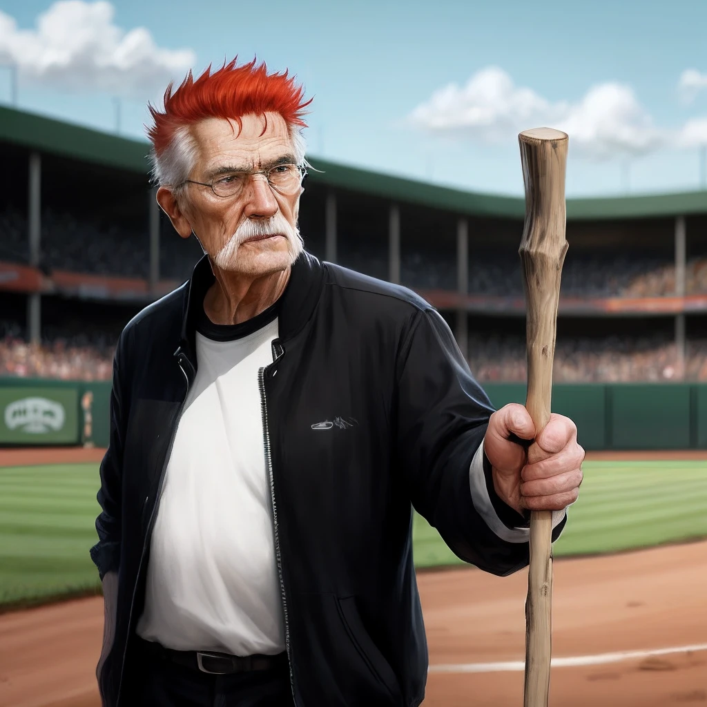 An old man with red hair and a pitch-black stick