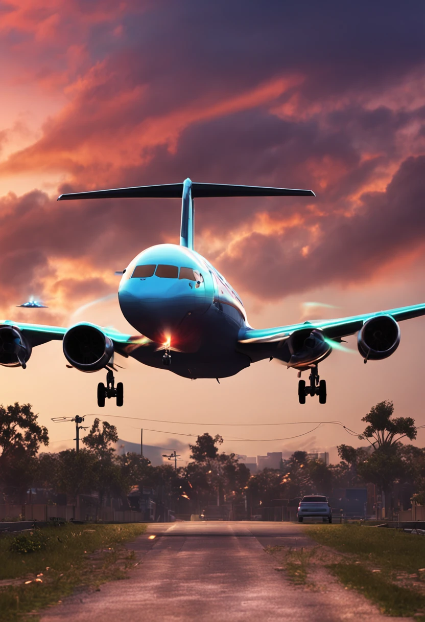 At dusk, the back is against the residual sun，With the plane looking at the sky before