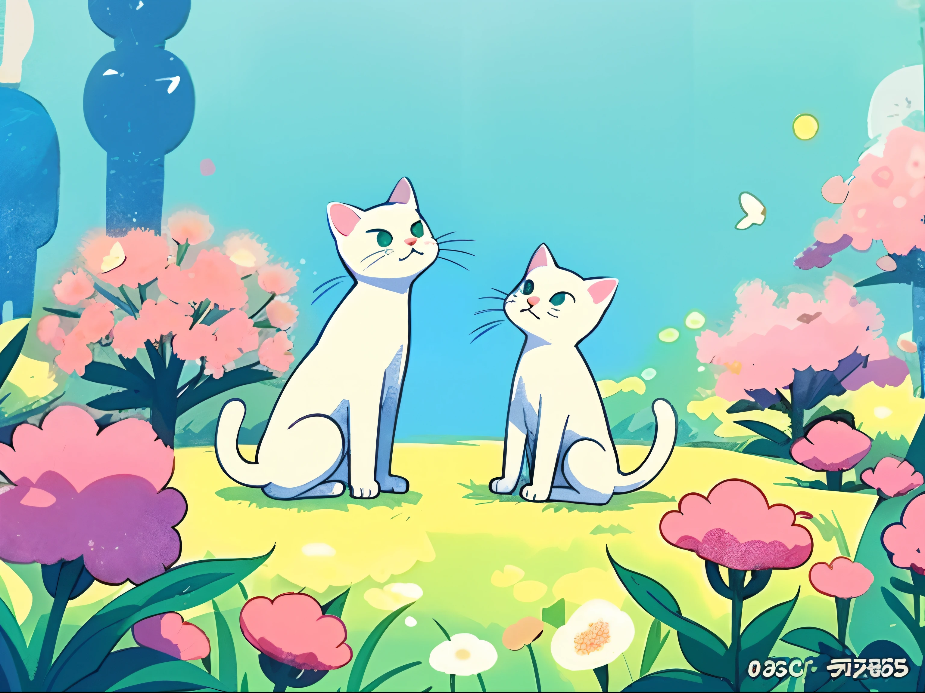 There is a white cat sitting on the green grass, lovely art style, Soft anime illustration, 、voice, Kawaii cat, White cat, anime visual of a cute cat, official fanart, Cute detailed digital art, anime cat, cute illustration, official character illustration, Furry cat, full-colour illustration, Anime style illustration, Cute cat, Digital anime illustration，Squat among the flowers，looking to the camera，Close-up, There are pink flowers around，simplebackground