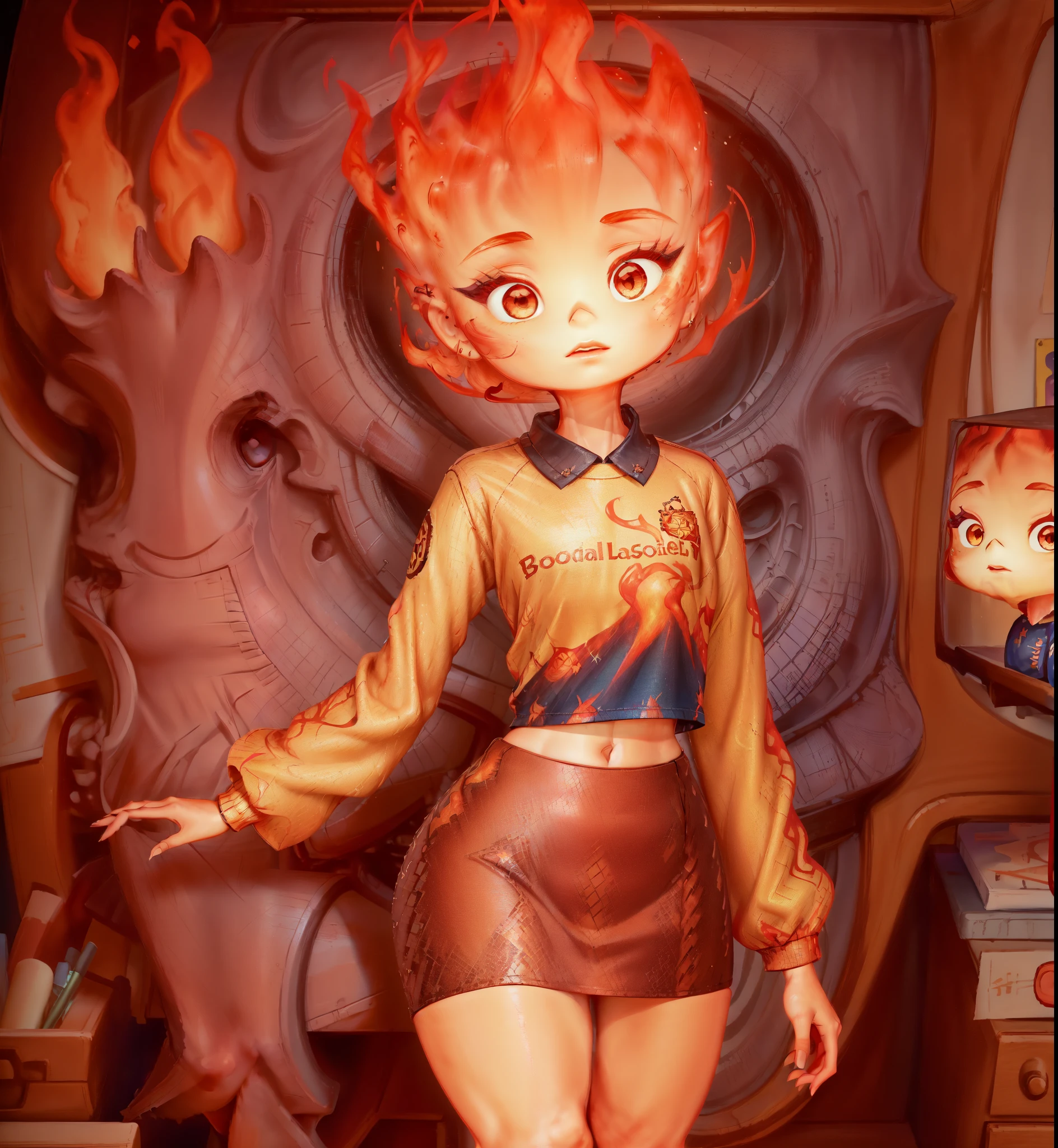 (best quality, masterpiece, detailed face, beautiful detailed eyes), Ember, girl made of fire, 1girl, (solo),((standing, fullbody, using a social shirt with long sleeves, wearing a pencil skirt, thick tighs)), detailed background, standing on a office