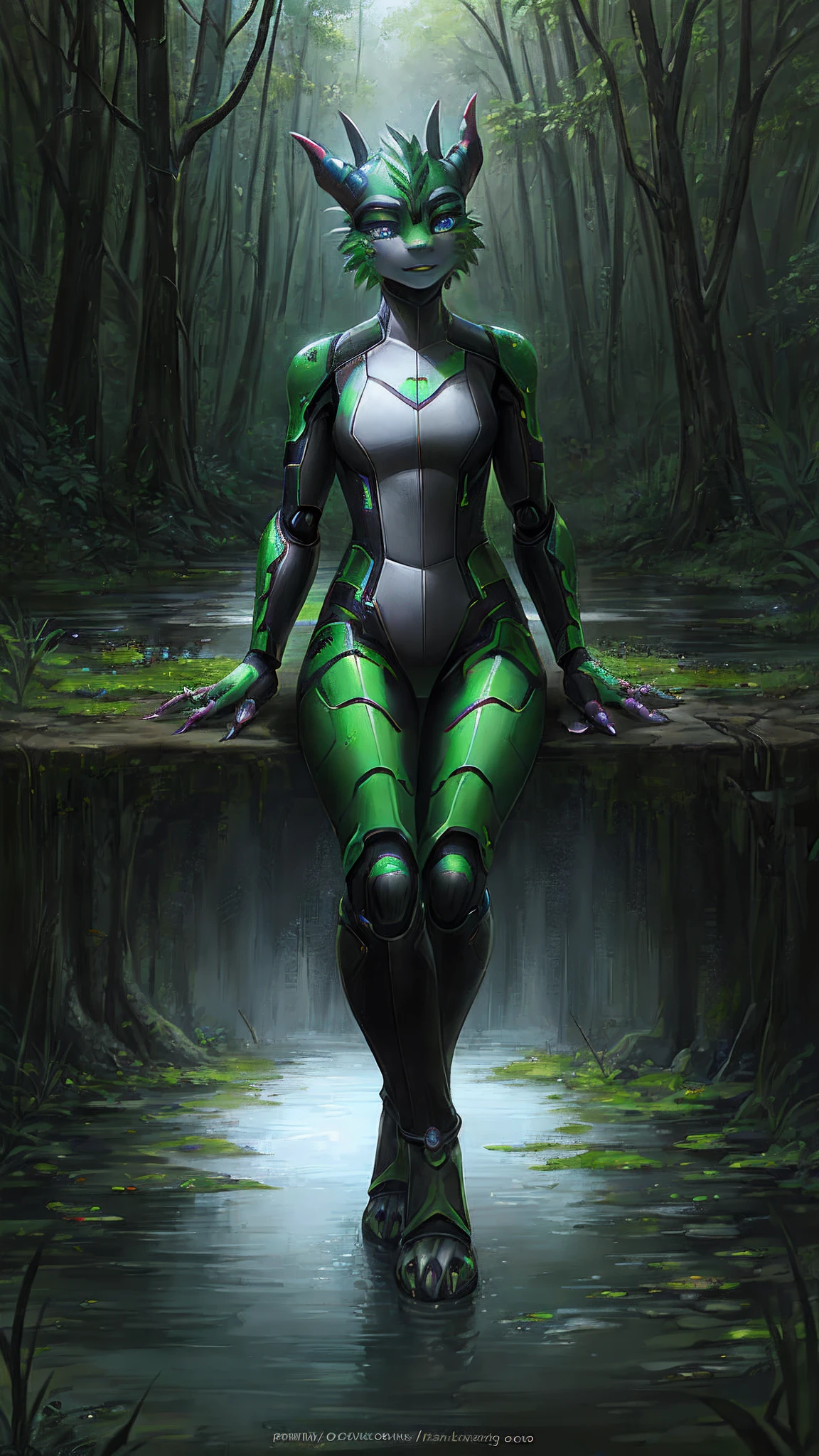 Bionic robot dragon，female，Android，Red Lingeri，sandals，Stuck in a swamp，HD graphics，Detailed and realistic，high detal，high qulity，photo-realistic，photorealistic eye，Detailed paws，Clear eyes，Masterpiece artwork，Five-fingered hands