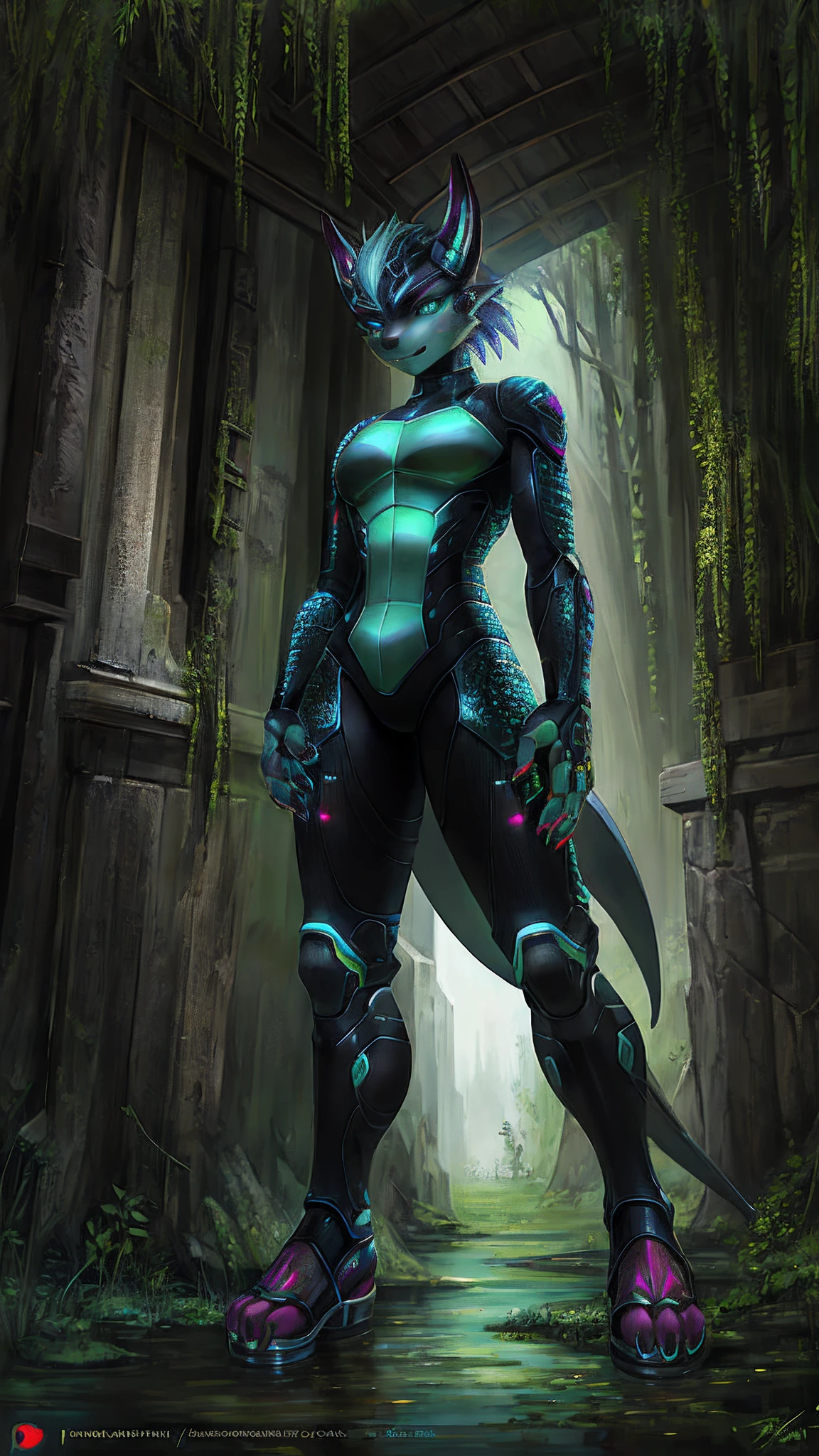 female, 2 meter tall creature, leg type: digitigrade (toes (metatarsal bones) touch the ground, and the rest of the foot is raised), narrow eyes, female body, elegant body, long body, black body, armor skin, alien forms, dragon head, perfect body, blue glowing eyes and, not human face., long claws on the legs and hands.