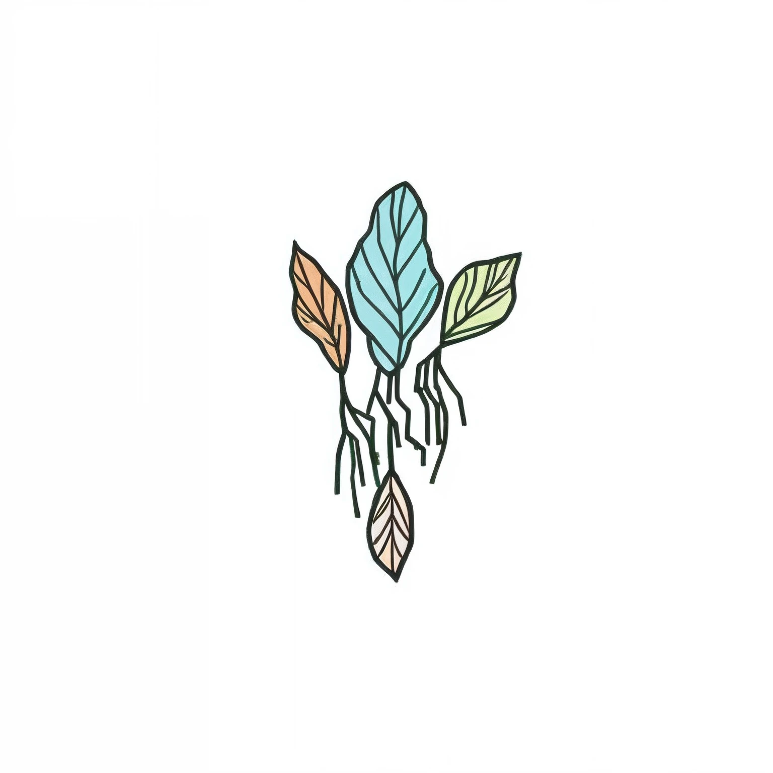 um desenho de uma planta com uma folha e uma raiz, folhas coloridas, cor plana, plant roots, Folhas, algumas plantas, Roots, arte de linha colorida, hand drawn svg, muitas folhas, sistema radicular, Heart, cor plana, um pouco de vida vegetal, raiz, flowing wires with leaves, linhagem enraizada, folhas coloridas, Hand - digital ia