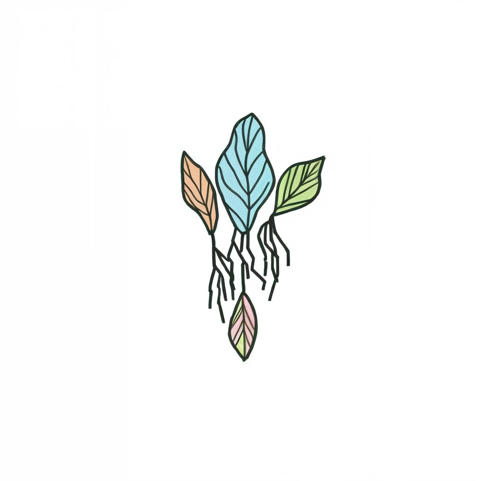 um desenho de uma planta com uma folha e uma raiz, folhas coloridas, cor plana, plant roots, Folhas, algumas plantas, Roots, arte de linha colorida, hand drawn svg, muitas folhas, sistema radicular, Heart, cor plana, um pouco de vida vegetal, raiz, flowing wires with leaves, linhagem enraizada, folhas coloridas, Hand - digital ia