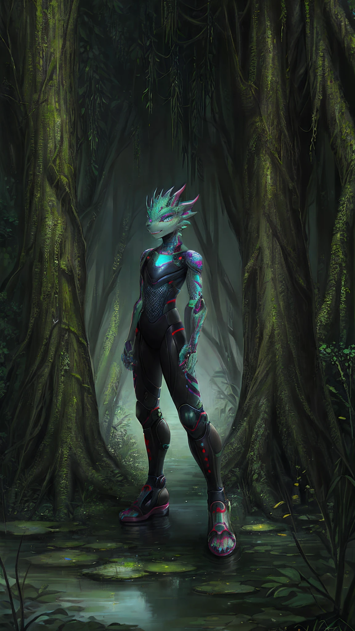 Bionic robot dragon,female,Android,Red Lingeri,sandals,Stuck in a swamp,HD graphics,Detailed and realistic,high detal,high qulity,photo-realistic,photorealistic eye,Detailed paws,Clear eyes,Masterpiece artwork,Five-fingered hands